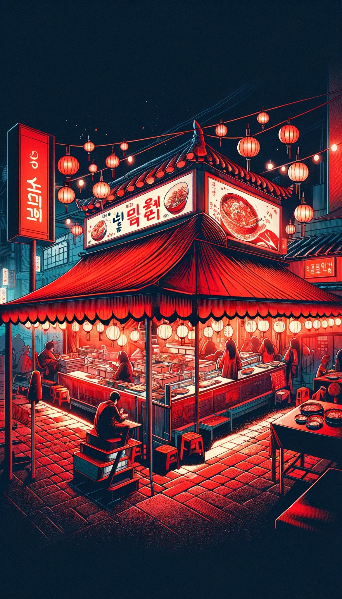 Illustration of a red food stall in South Korea at night, lit by red lanterns.