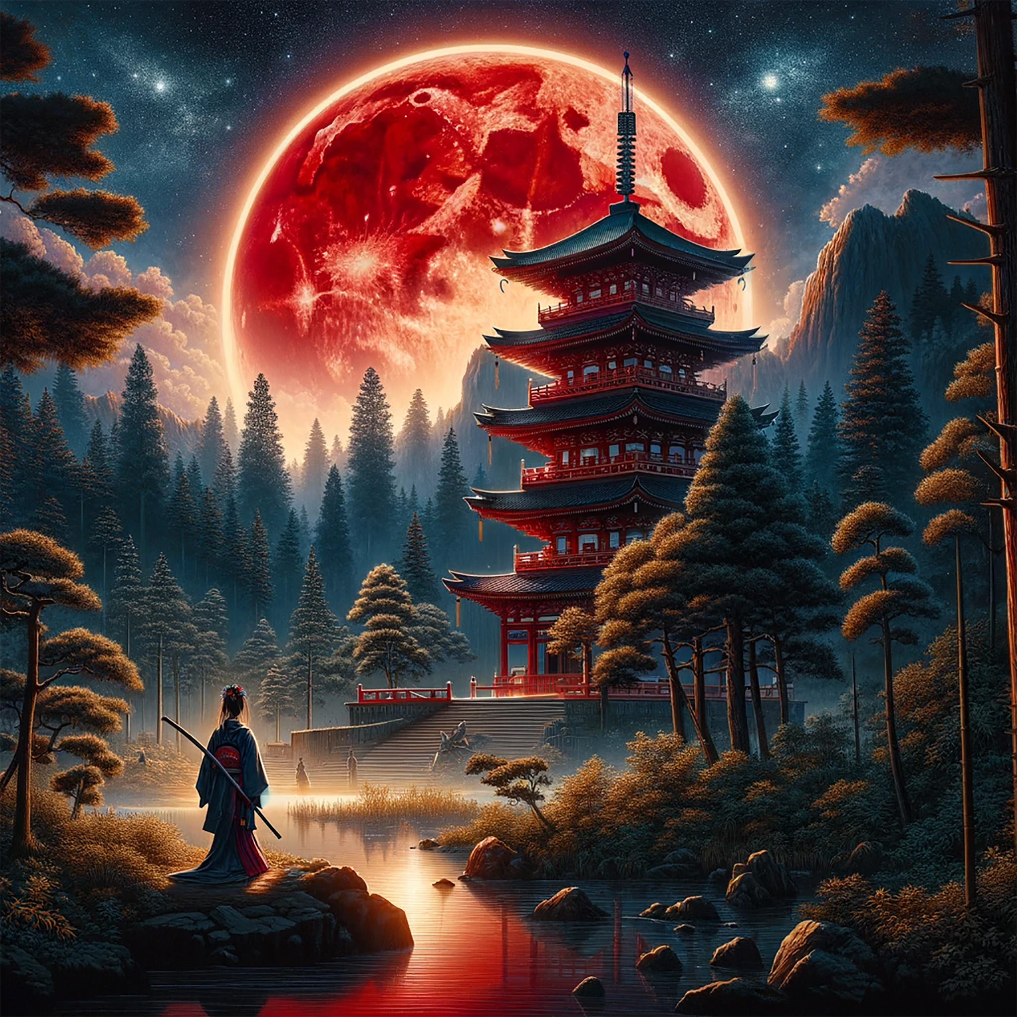 Samurai woman standing before a red moonlit pagoda.
