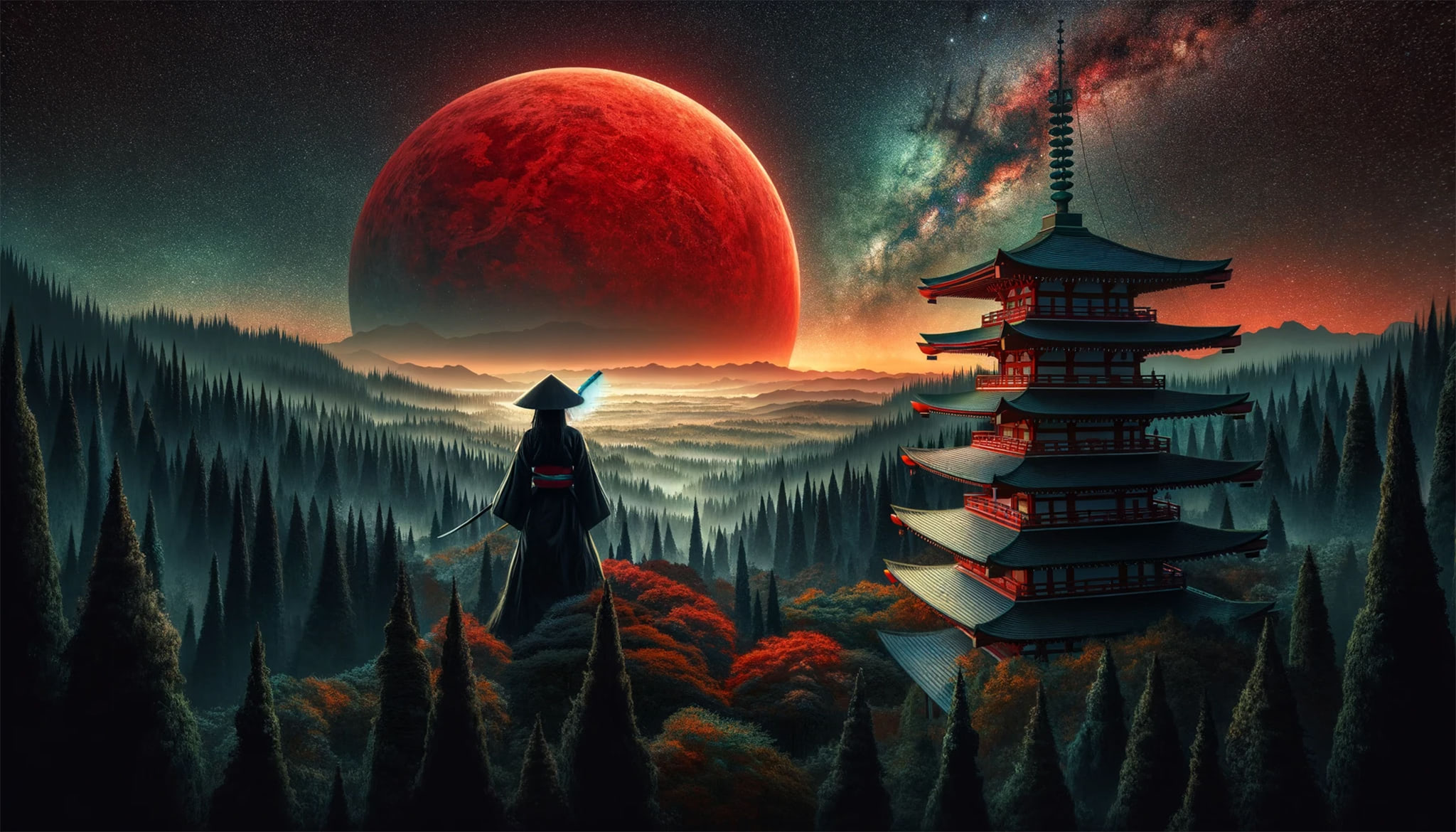 Samurai standing in a forest with a red planet and pagoda in background.