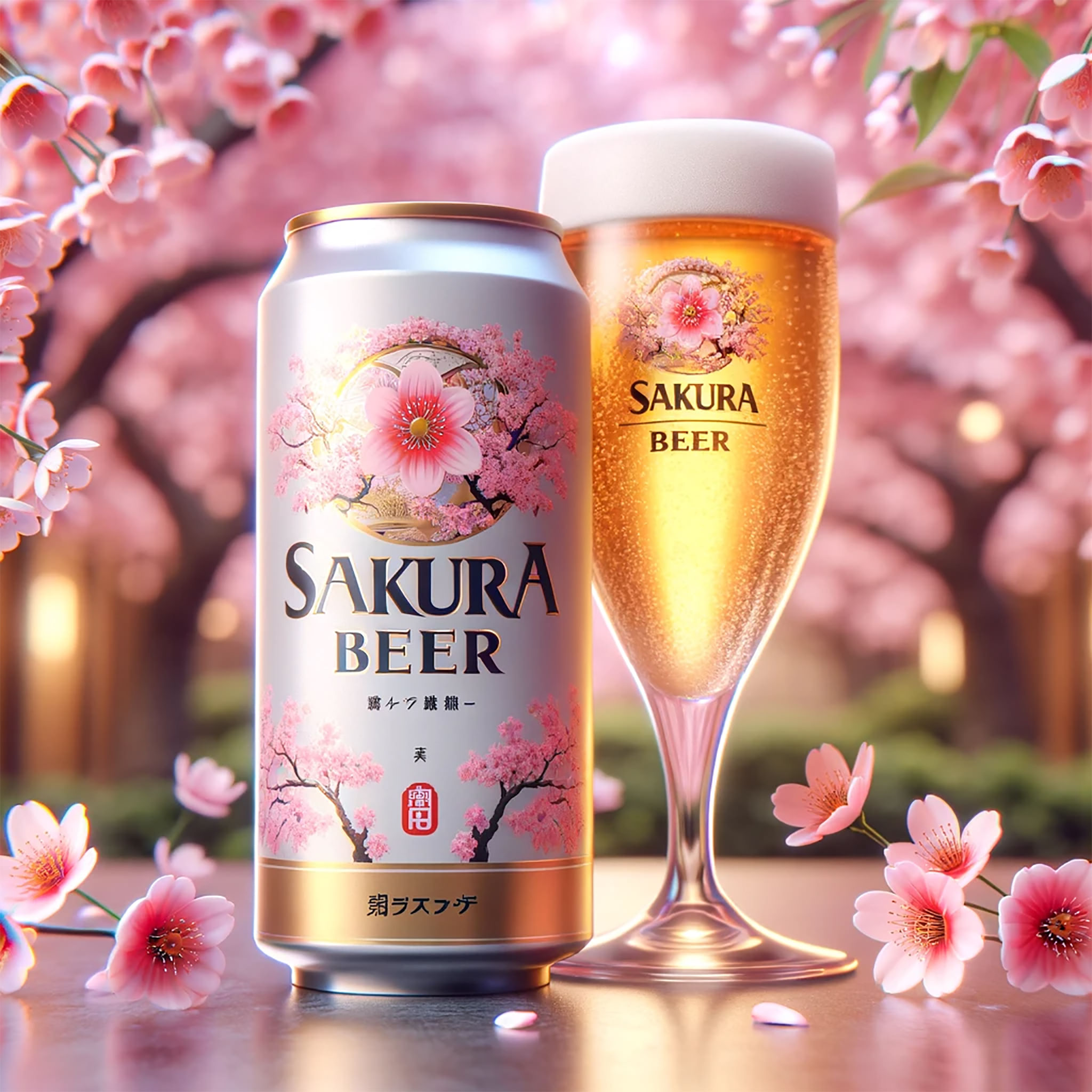 Sakura beer can and glass surrounded by cherry blossoms.