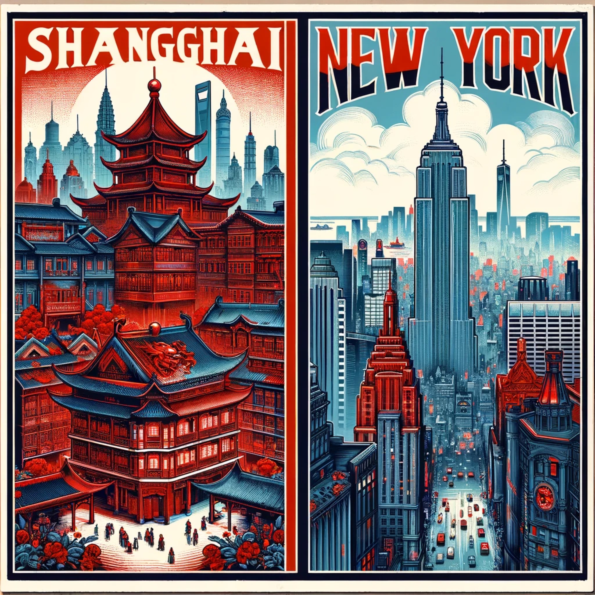 Vintage travel poster diptych: Shanghai skyline with red buildings and New York City skyline with the Empire State Building.