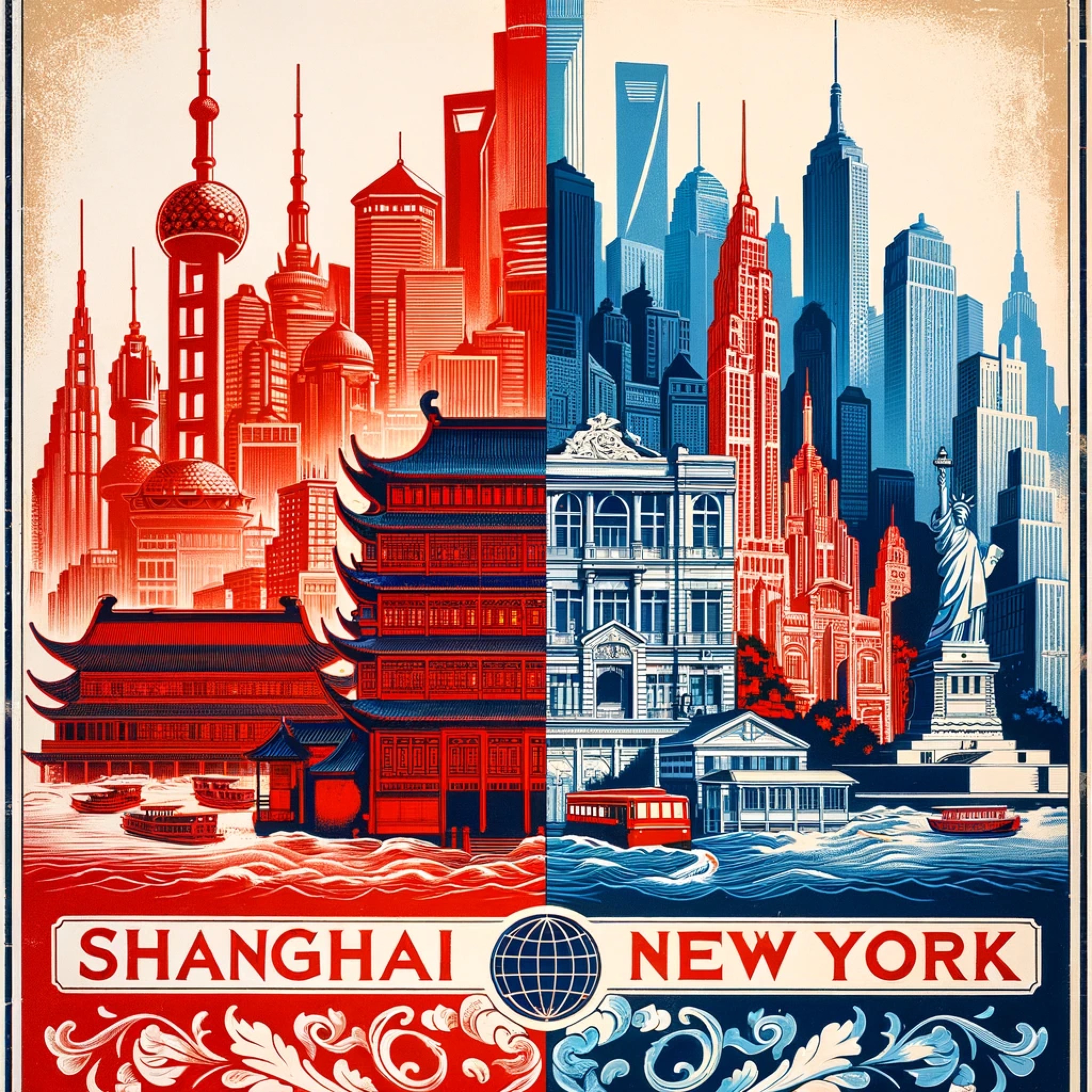 Vintage travel poster depicting Shanghai skyline in red and New York City skyline in blue, divided down the middle.