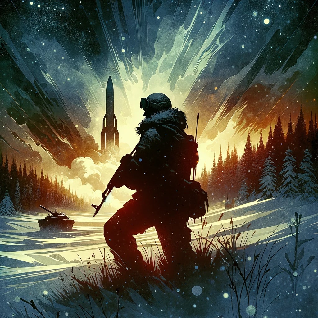 Silhouette of soldier with rifle in snowy landscape, rocket launch in background.