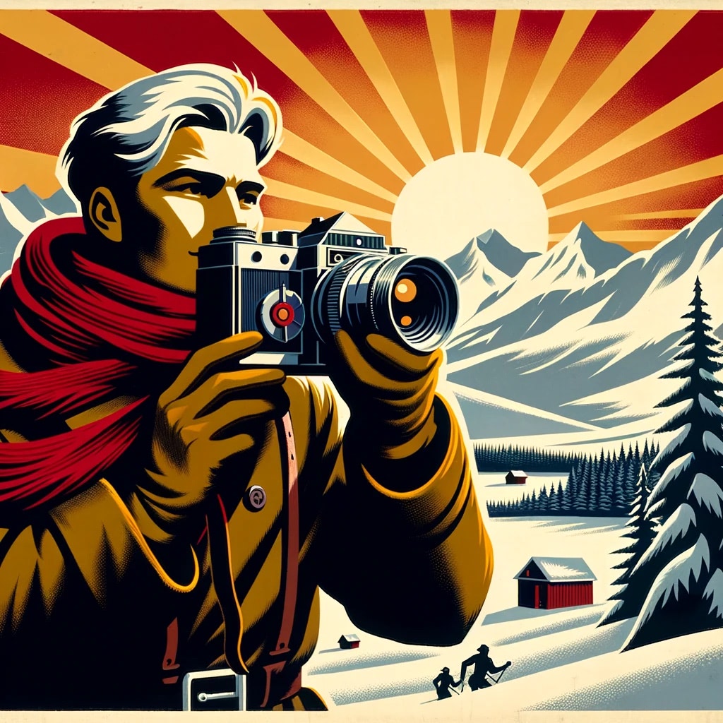 Soviet-era photographer with a large camera, snowy mountain landscape in background.