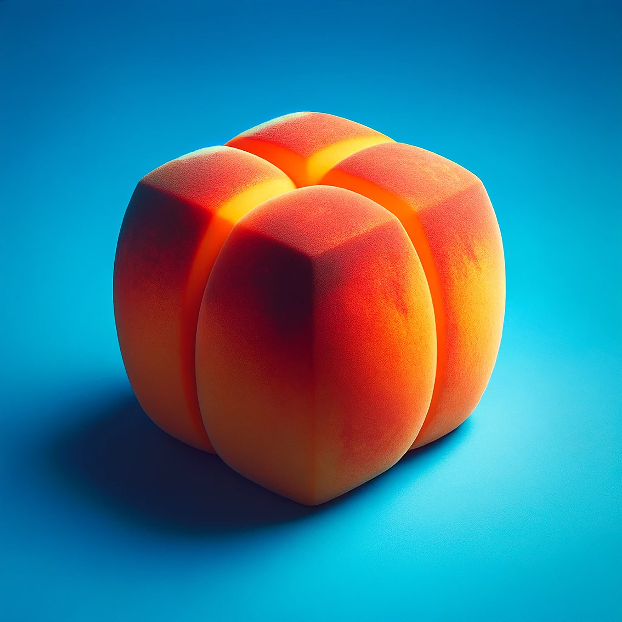 Cubical peach on blue background.