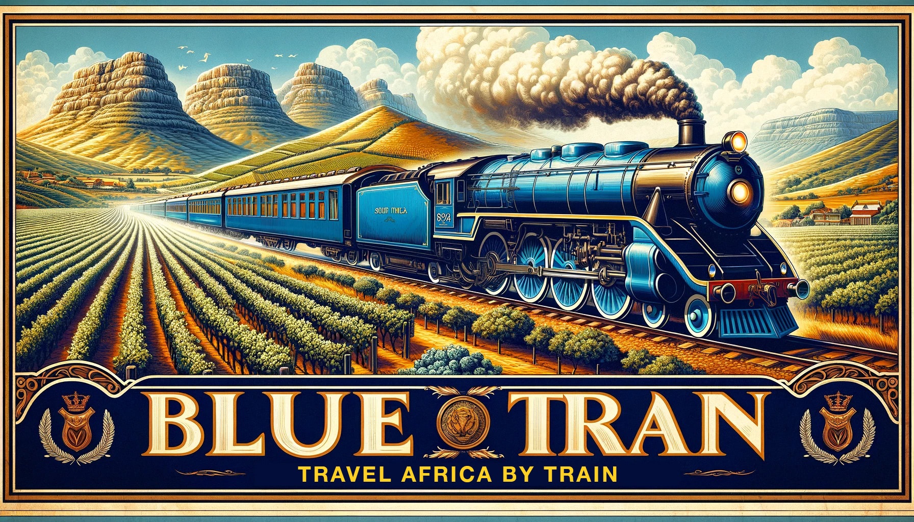 Blue Train traveling through African countryside.