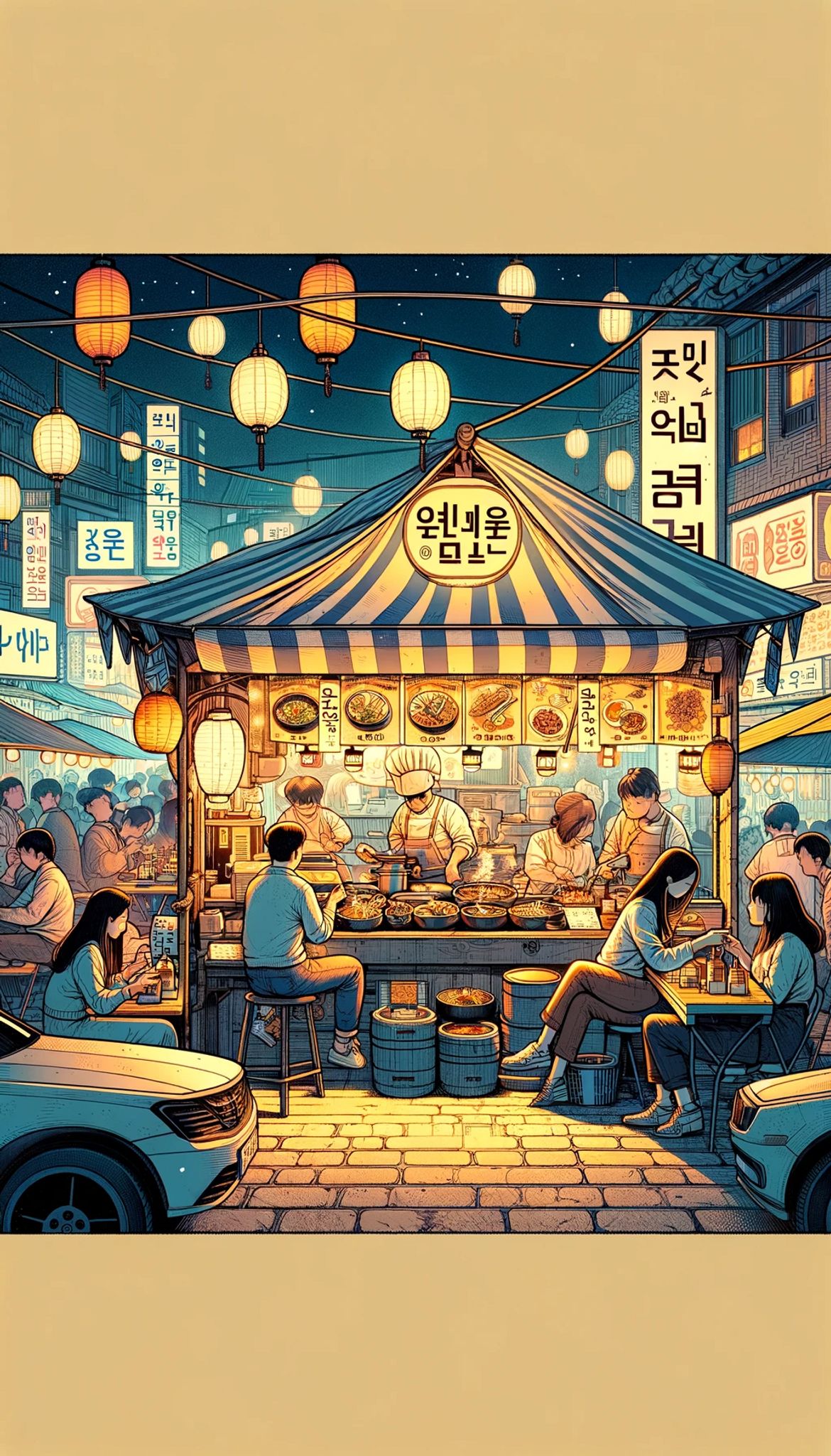 Illustration of a bustling Korean street food market at night, featuring a food stall with people eating and lanterns hanging overhead.