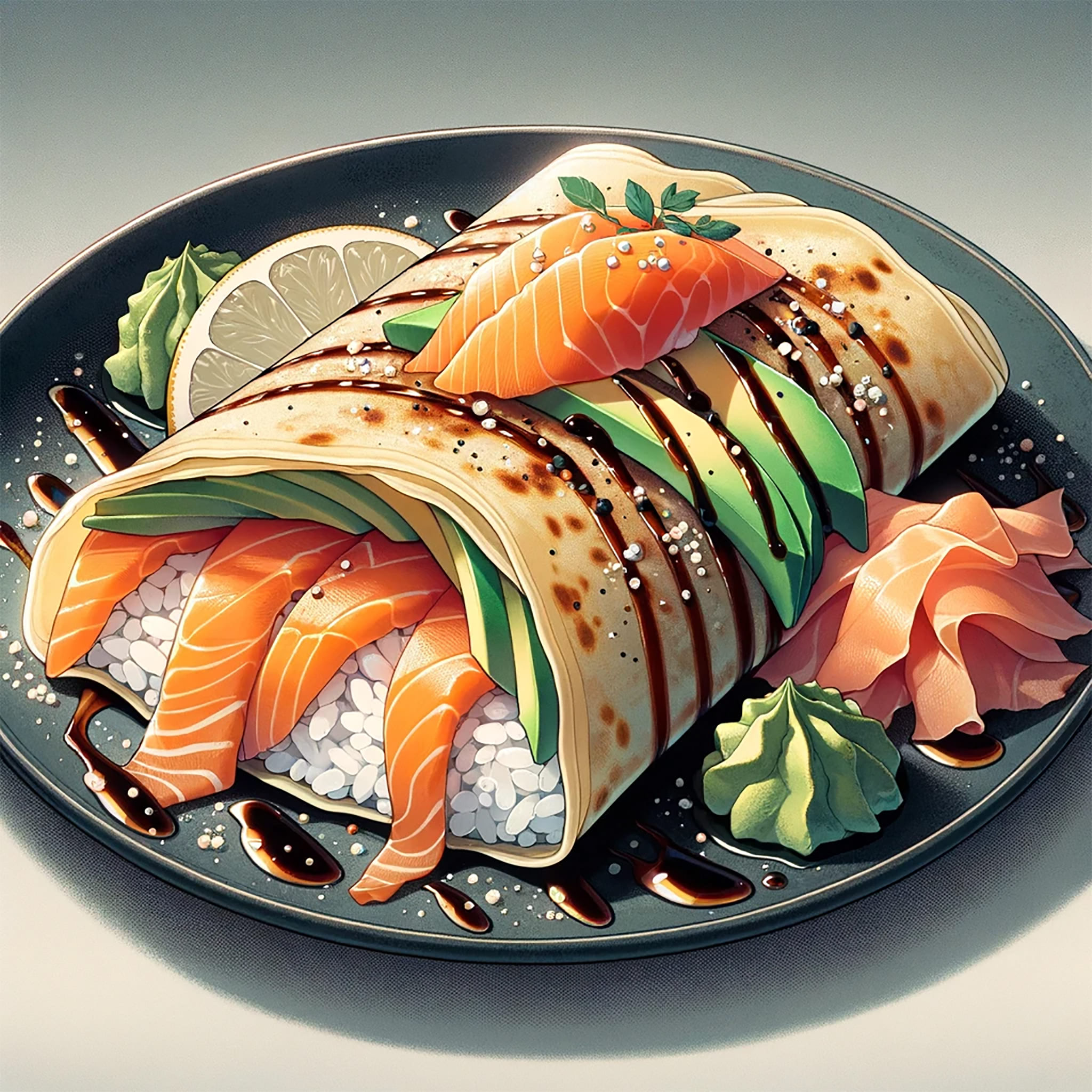 Sushi crepe with salmon, avocado, and rice in a crepe, drizzled with sauce.