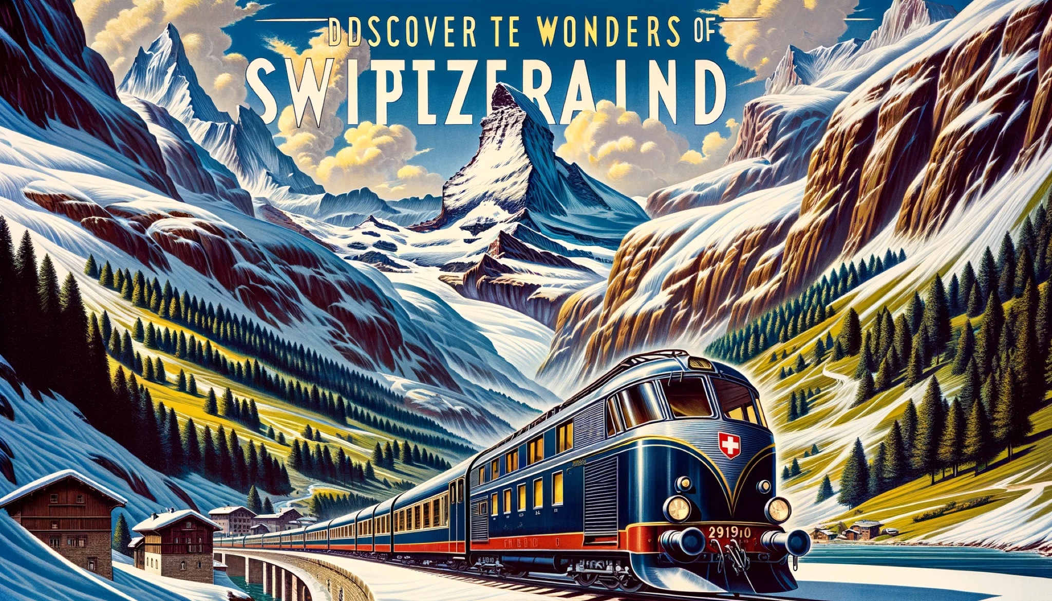 Swiss train traveling through snowy mountains.
