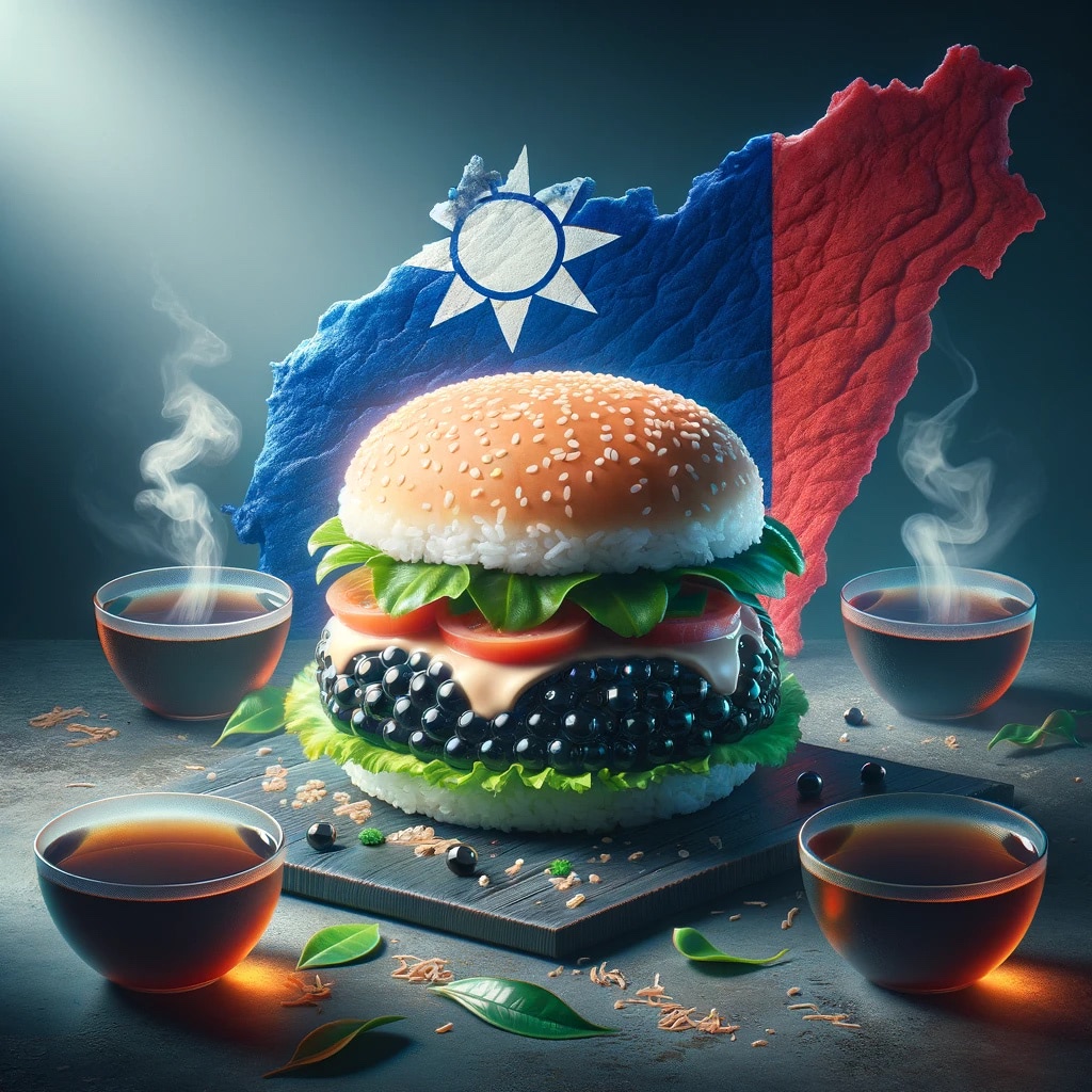 Bubble tea burger with Taiwanese flag in background and cups of tea.
