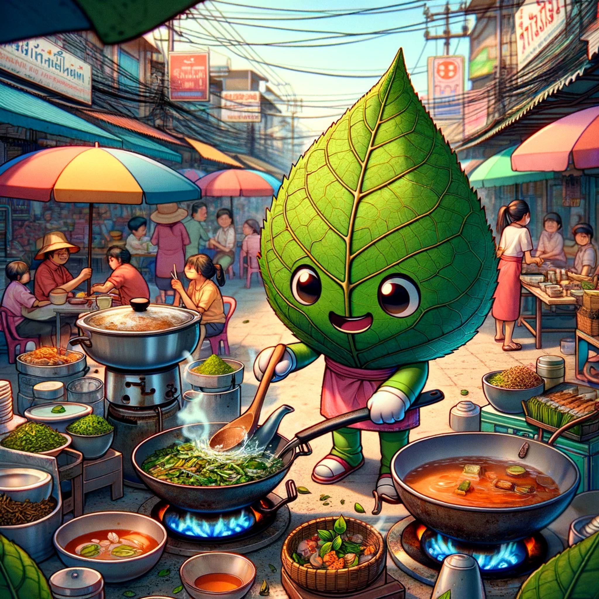 A cartoon leaf-shaped character cooks food at a bustling Bangkok street market.