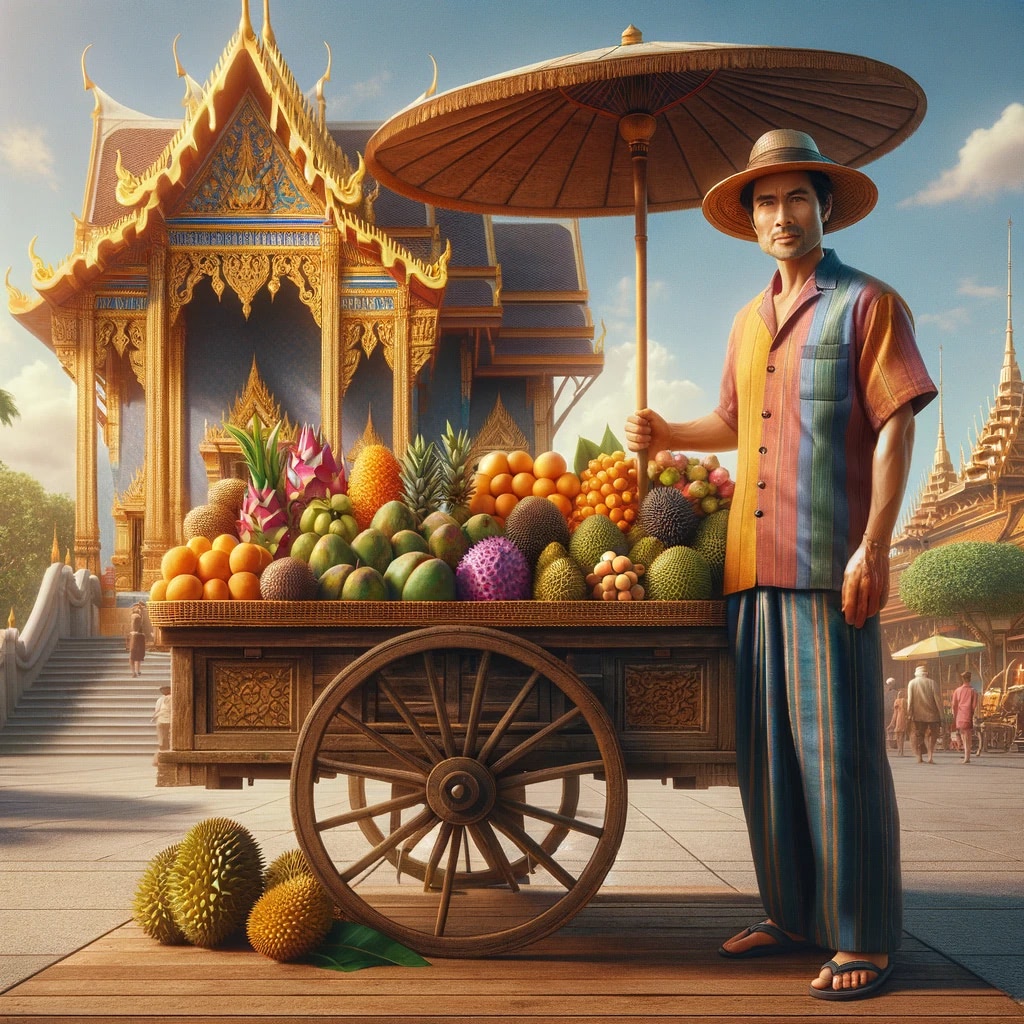 Thai fruit seller with cart in front of temple.