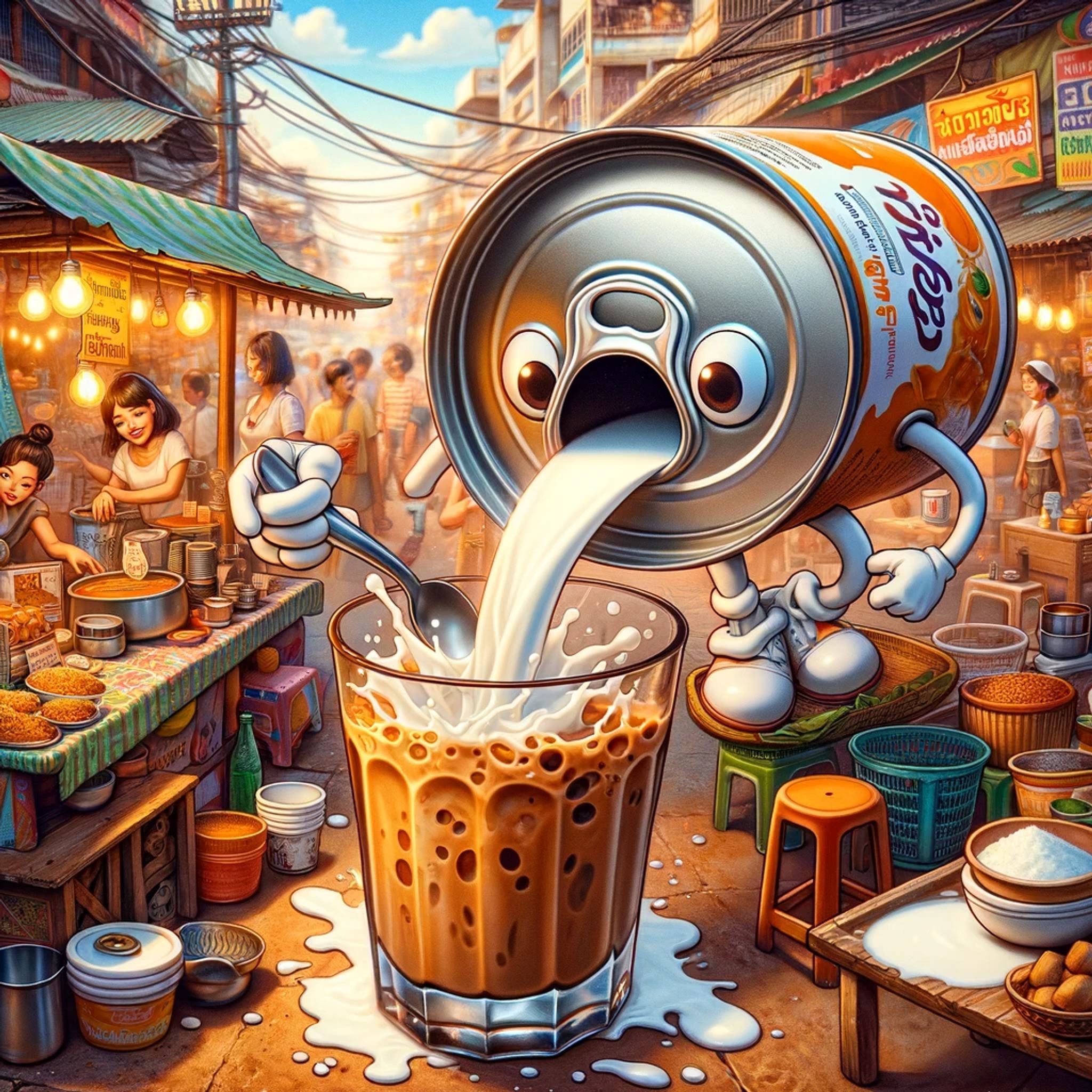 Cartoon can of Thai tea pouring milk into a glass at a street market.