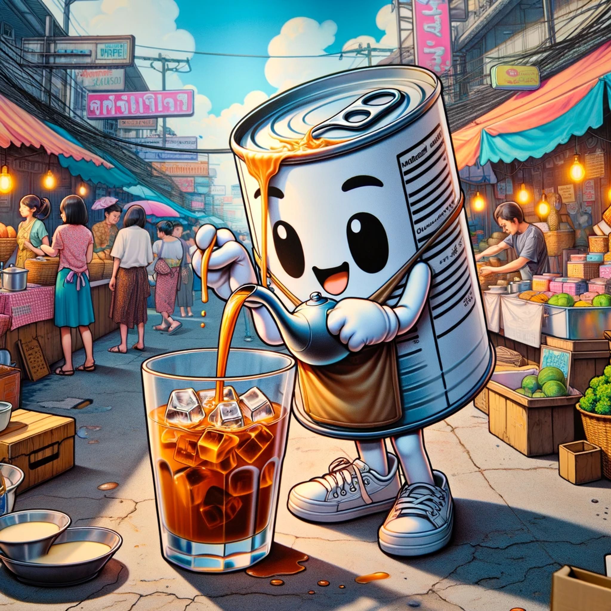 Cartoon can of sweetened condensed milk pouring Thai iced tea into a glass with ice in a Thai market.