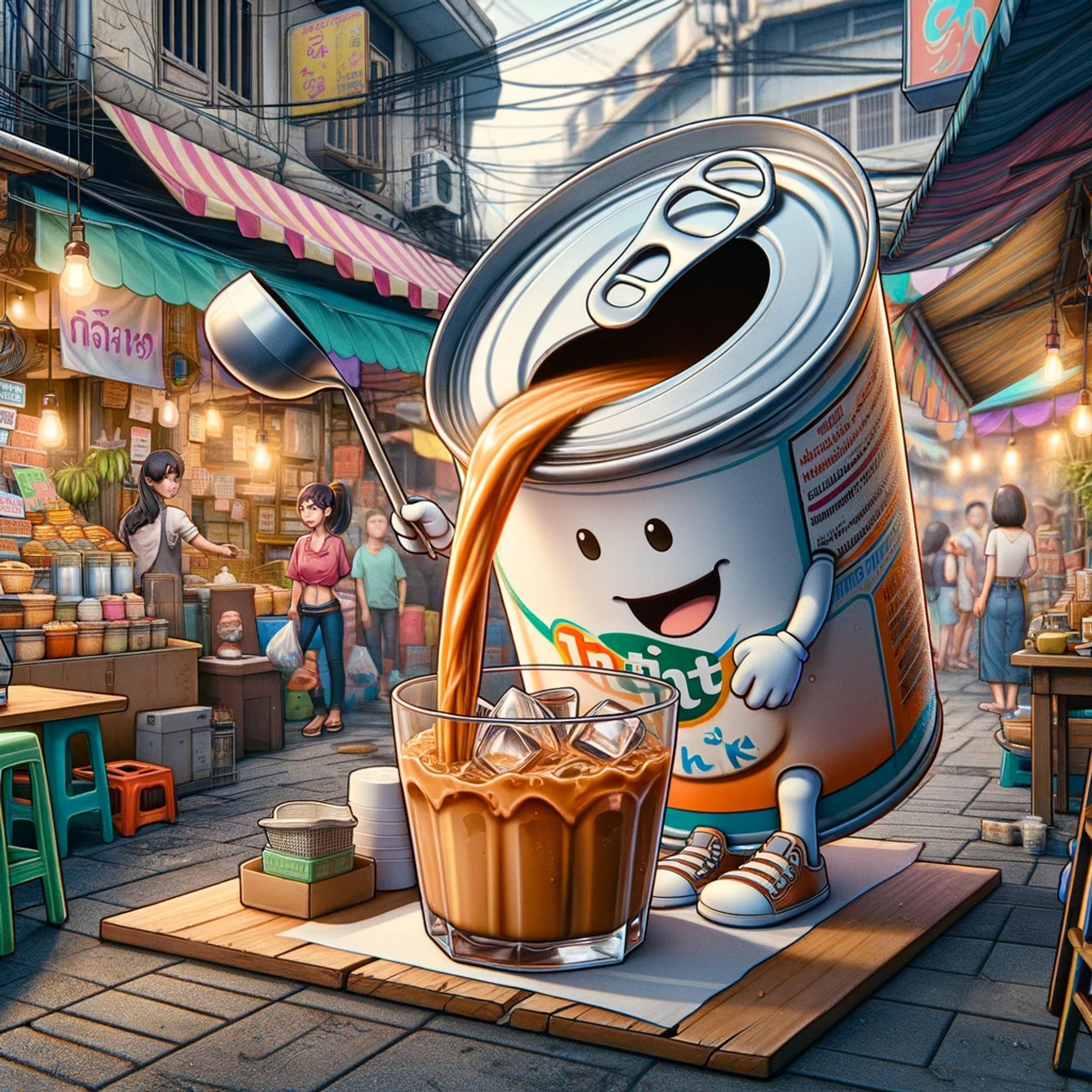 A can of Thai tea with arms and legs pours itself into a glass of ice.