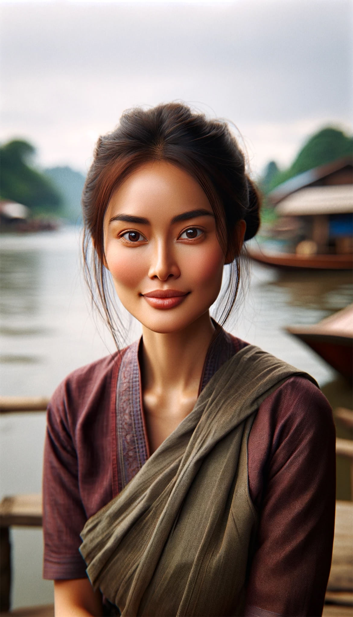 Portrait of a young Thai woman wearing traditional clothing by a river.