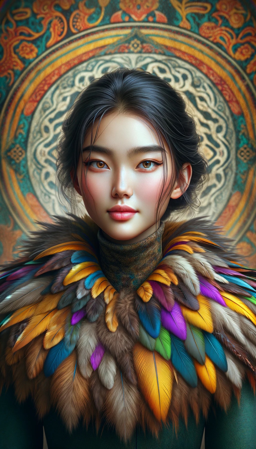 Portrait of a young woman with dark hair and a colorful feather collar against an ornate background.