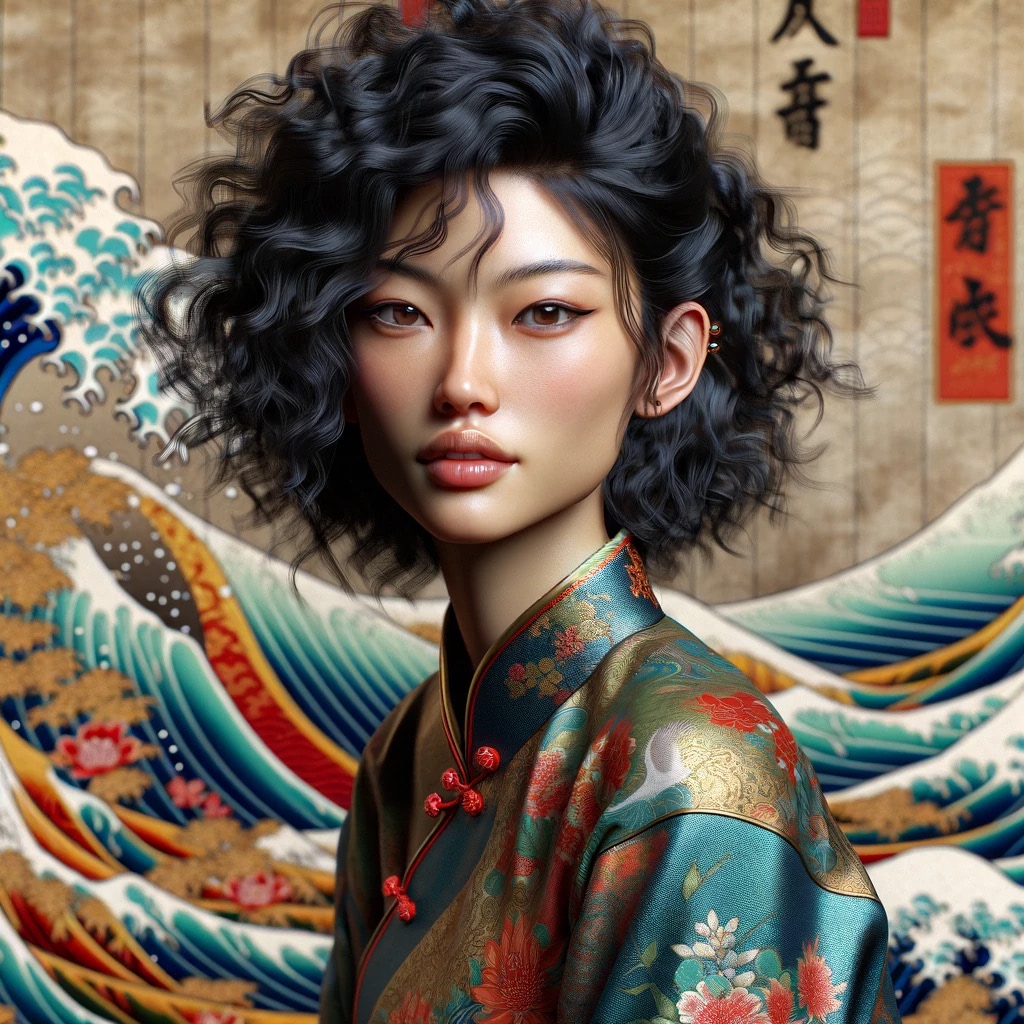 Portrait of a young woman with curly black hair, wearing a teal floral patterned qipao, against a background of a wave painting.