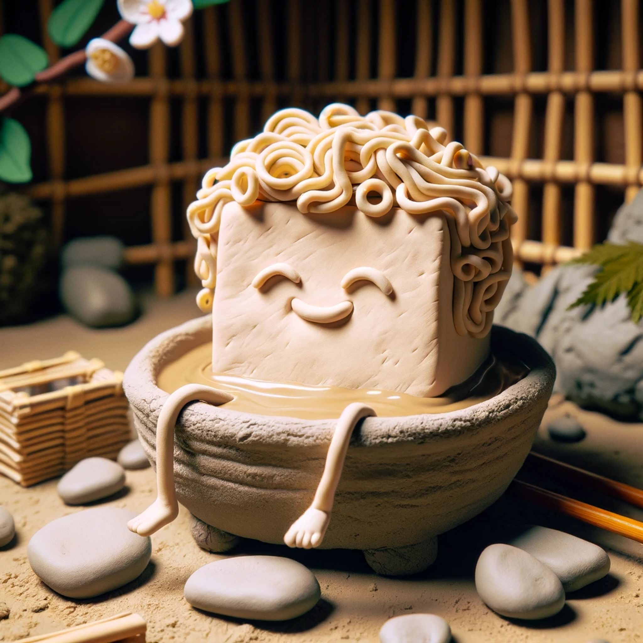 Smiling tofu block with ramen hair soaking in a bowl.