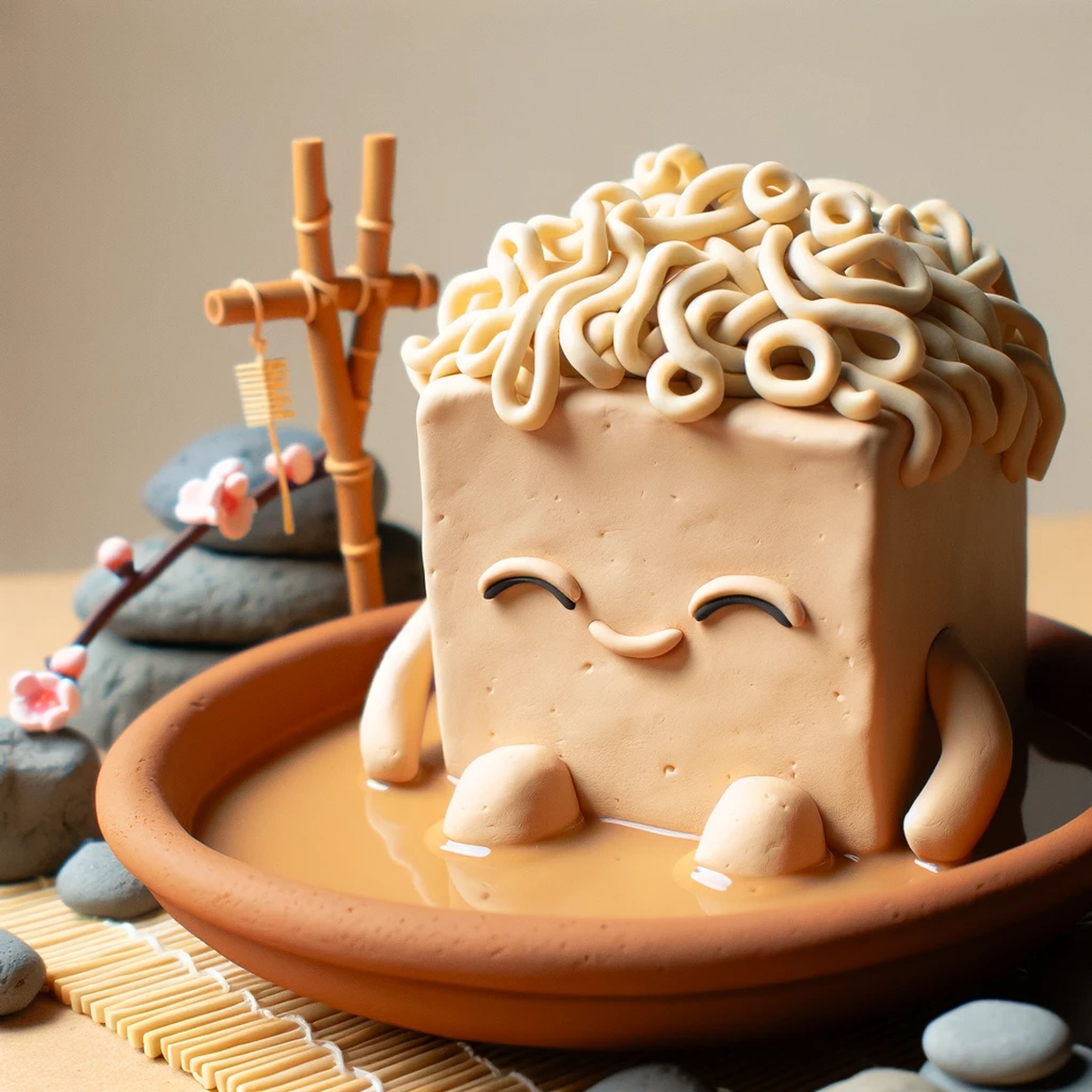 Clay tofu figurine with ramen hair soaking in a bath.