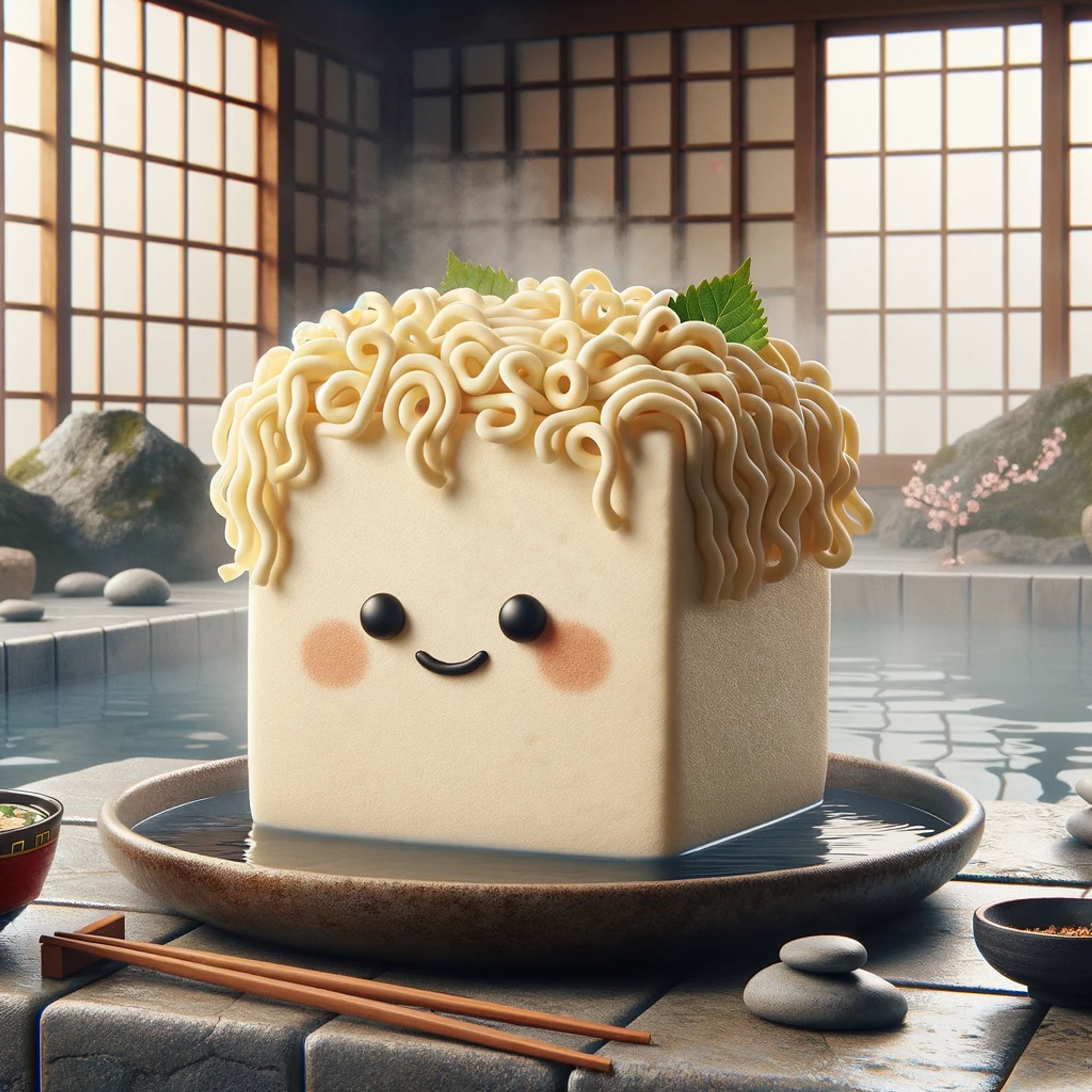 Smiling tofu block with ramen hair in an onsen bath.
