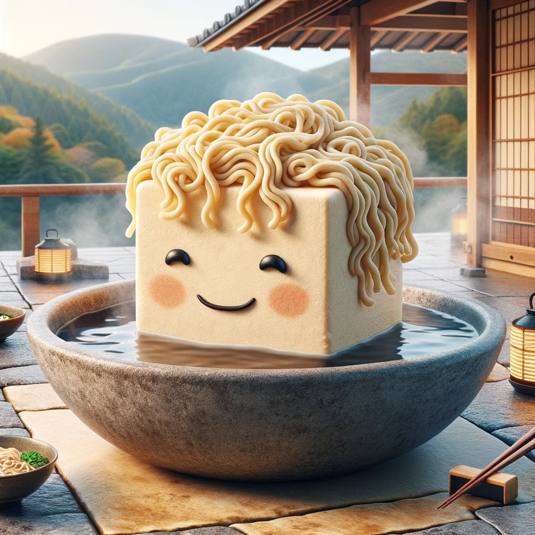 Smiling tofu block with ramen noodles for hair in an onsen bath.