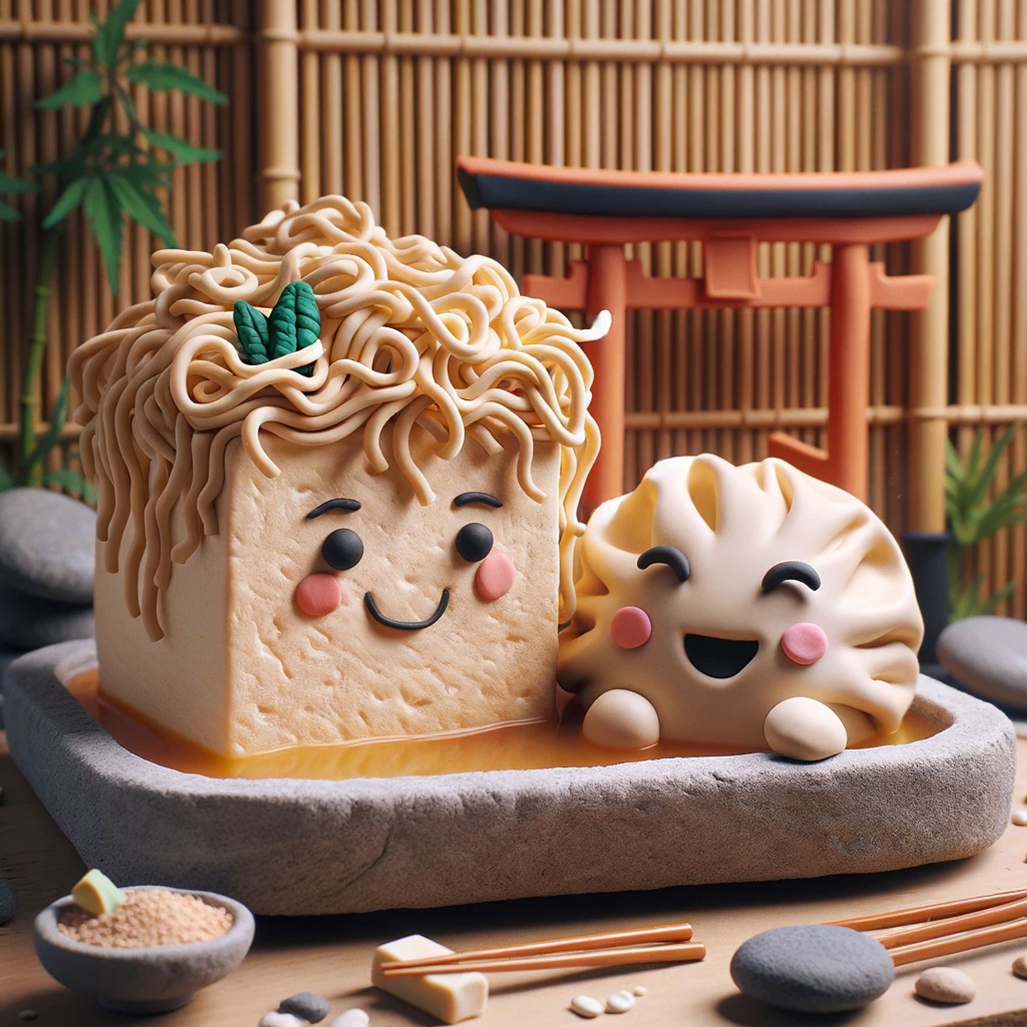 Happy tofu and dumpling in a bath with ramen hair.
