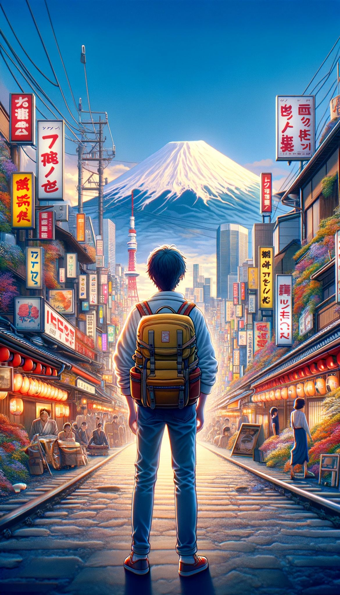 Person with backpack facing Mount Fuji in a Japanese city street.