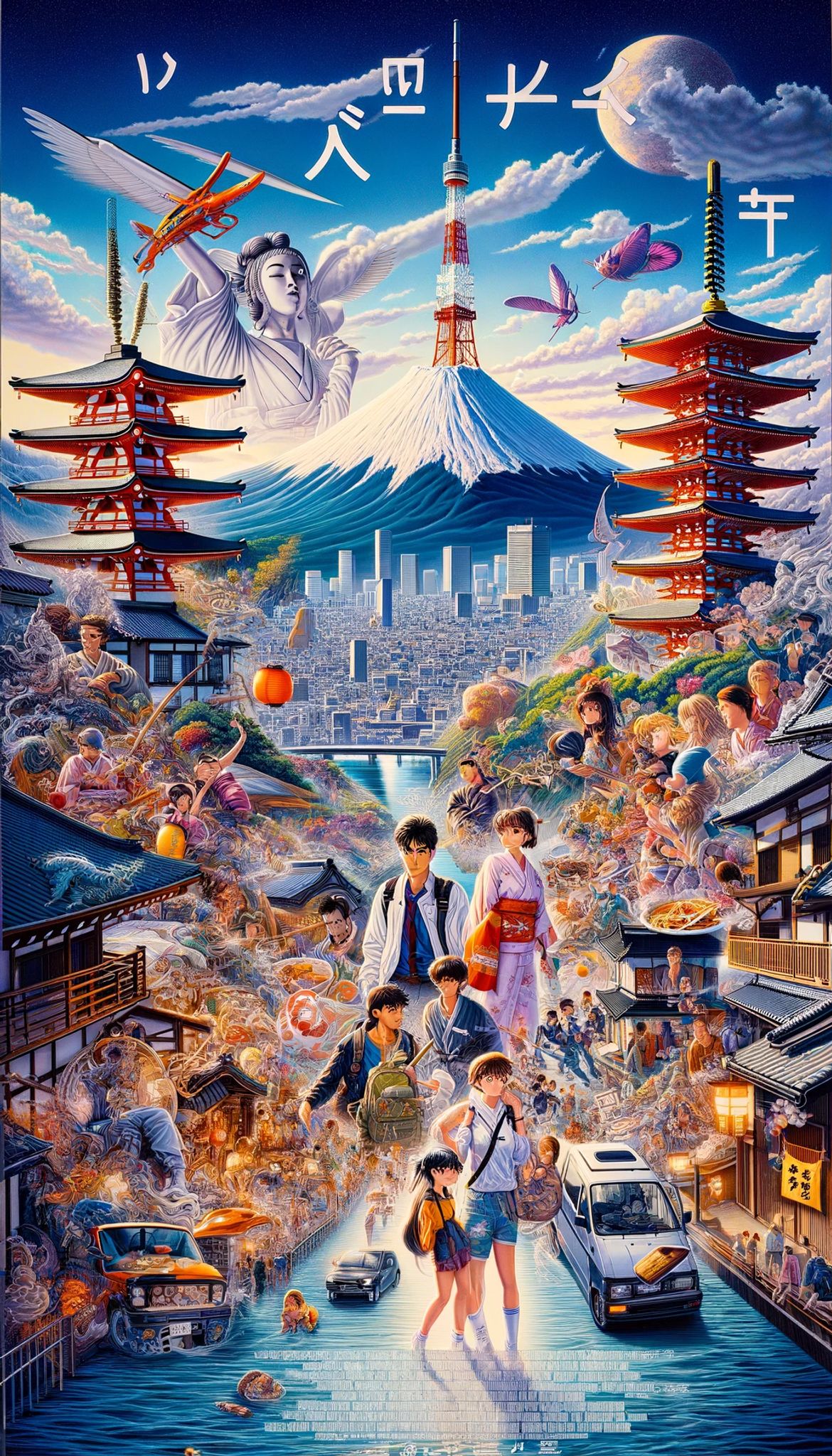 Movie poster featuring anime characters in a vibrant, fantastical depiction of Japan, including Mt. Fuji, Tokyo Tower, pagodas, and cityscapes.