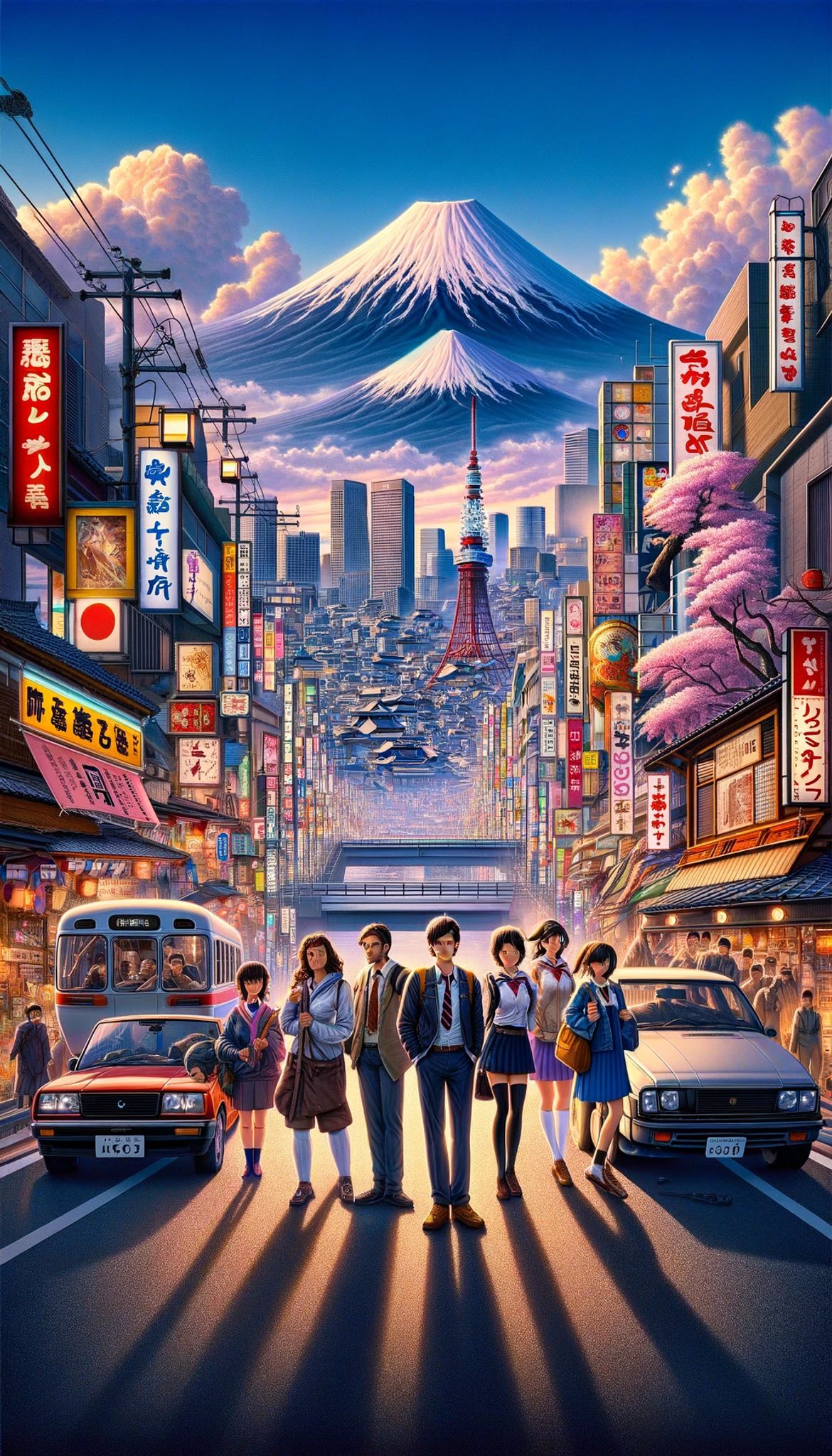 Movie poster depicting a group of young adults standing on a Japanese street with Mt. Fuji in the background.