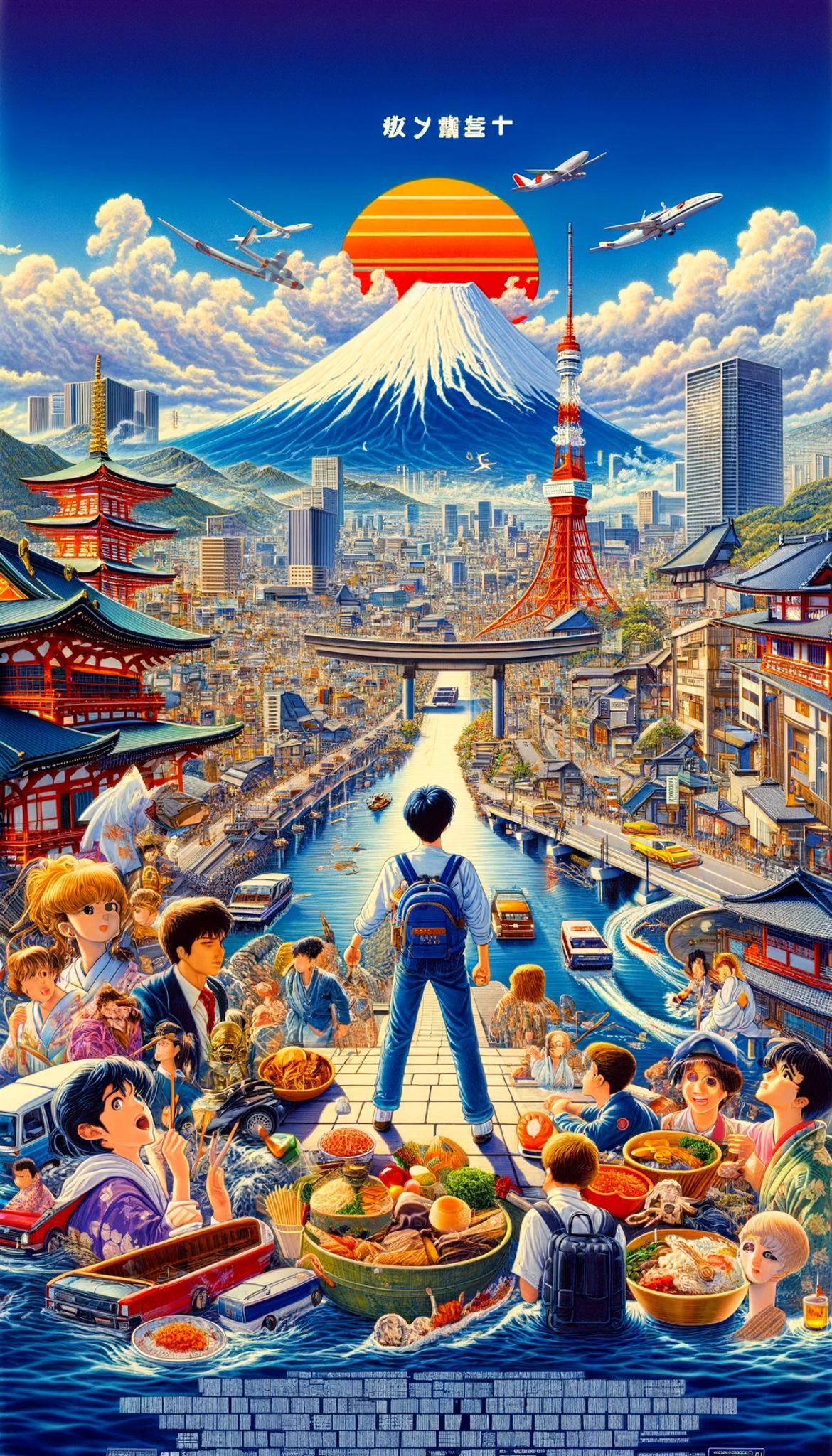 Movie poster depicting a vibrant cityscape with Mt. Fuji, Tokyo Tower, and a boy standing at the center, surrounded by people and Japanese food.