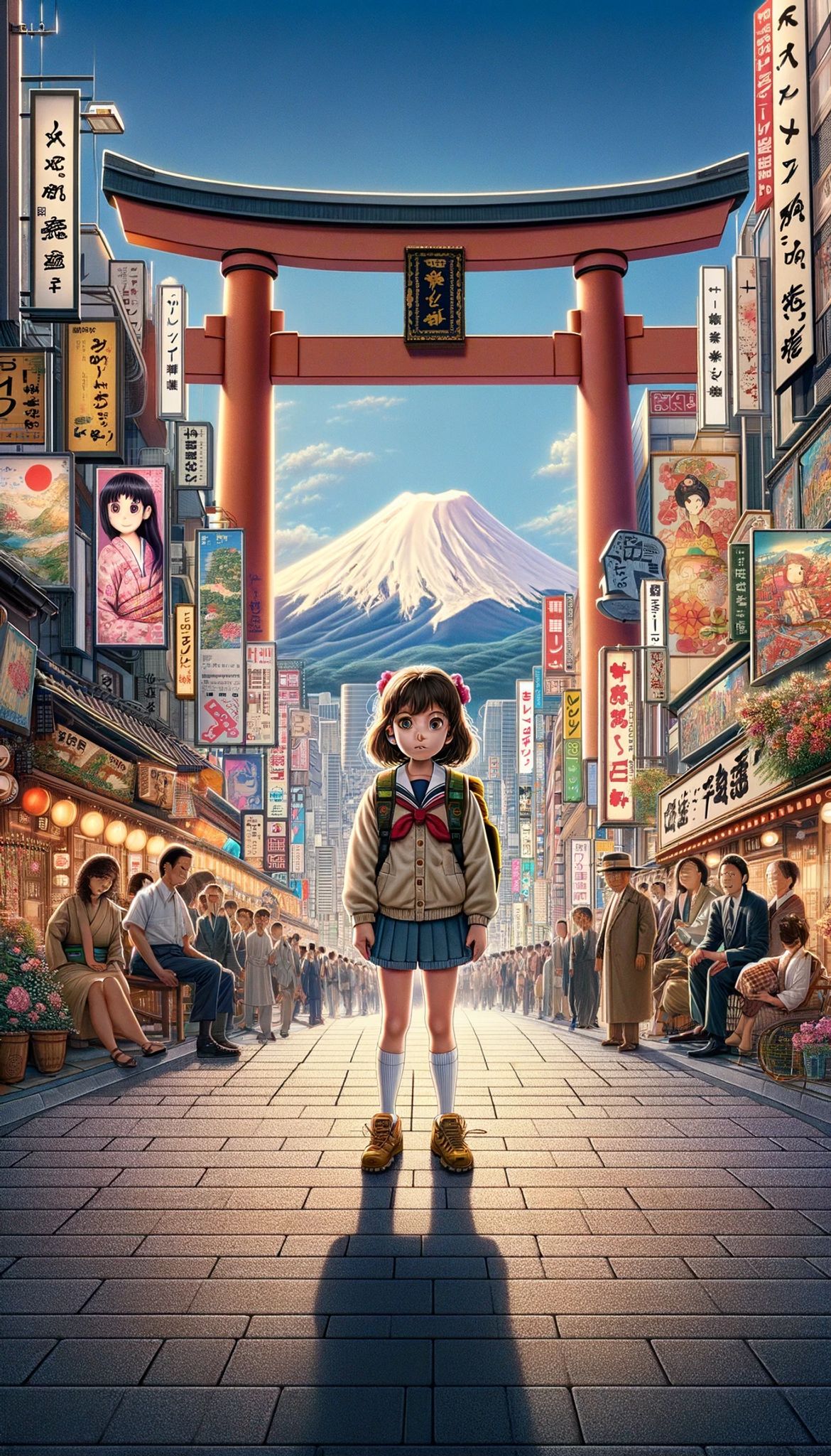 Anime-style movie poster; schoolgirl stands before a torii gate, Mt. Fuji in background.
