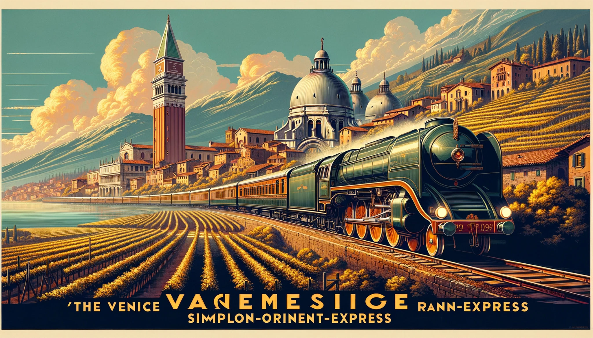 Vintage travel poster of a train traveling through vineyards toward Venice, Italy.