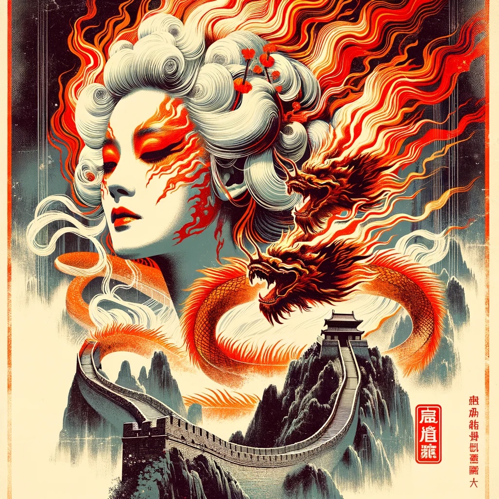 Vintage poster of a woman with fiery hair and dragons entwined with the Great Wall of China.