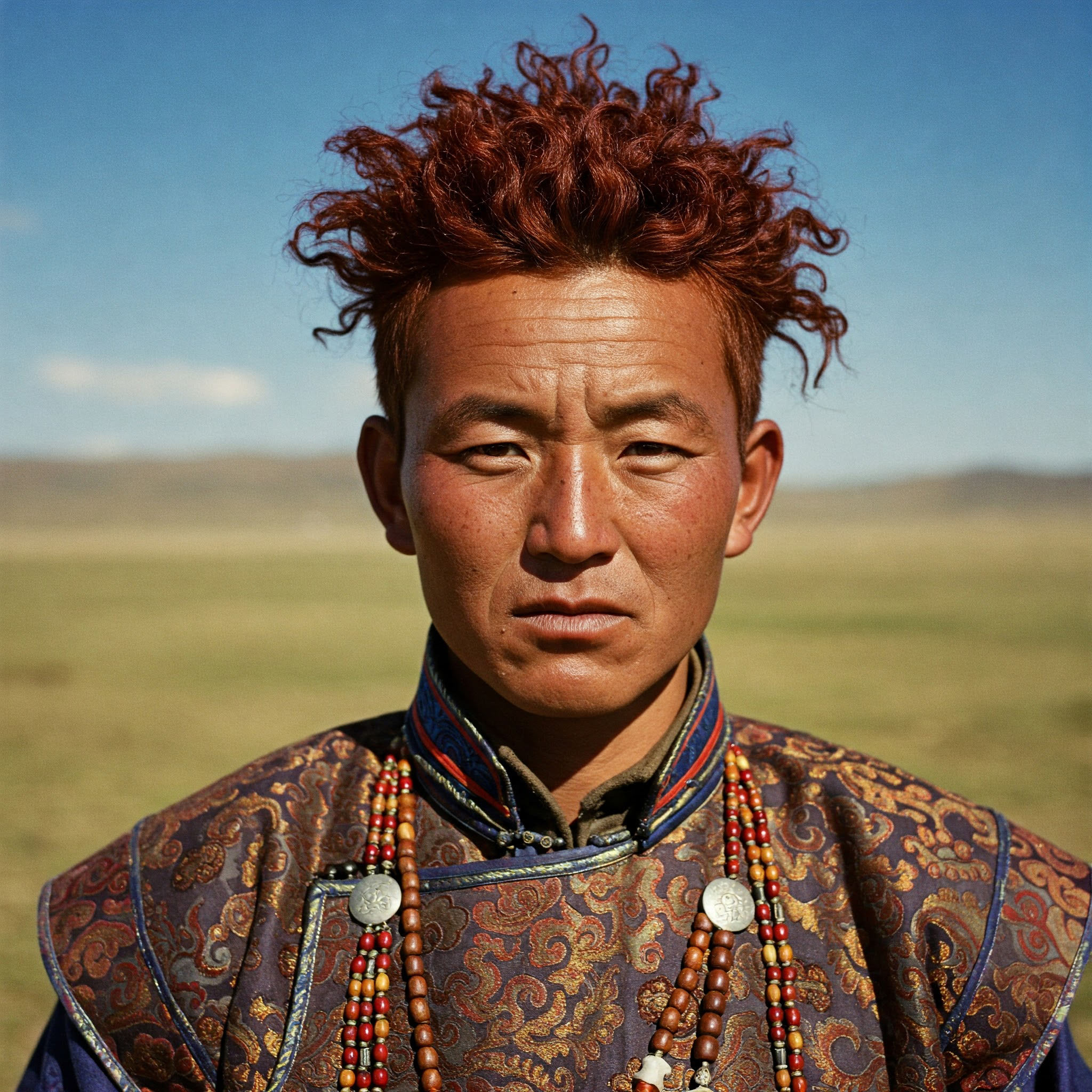 Portrait of a man with red curly hair, wearing traditional clothing.