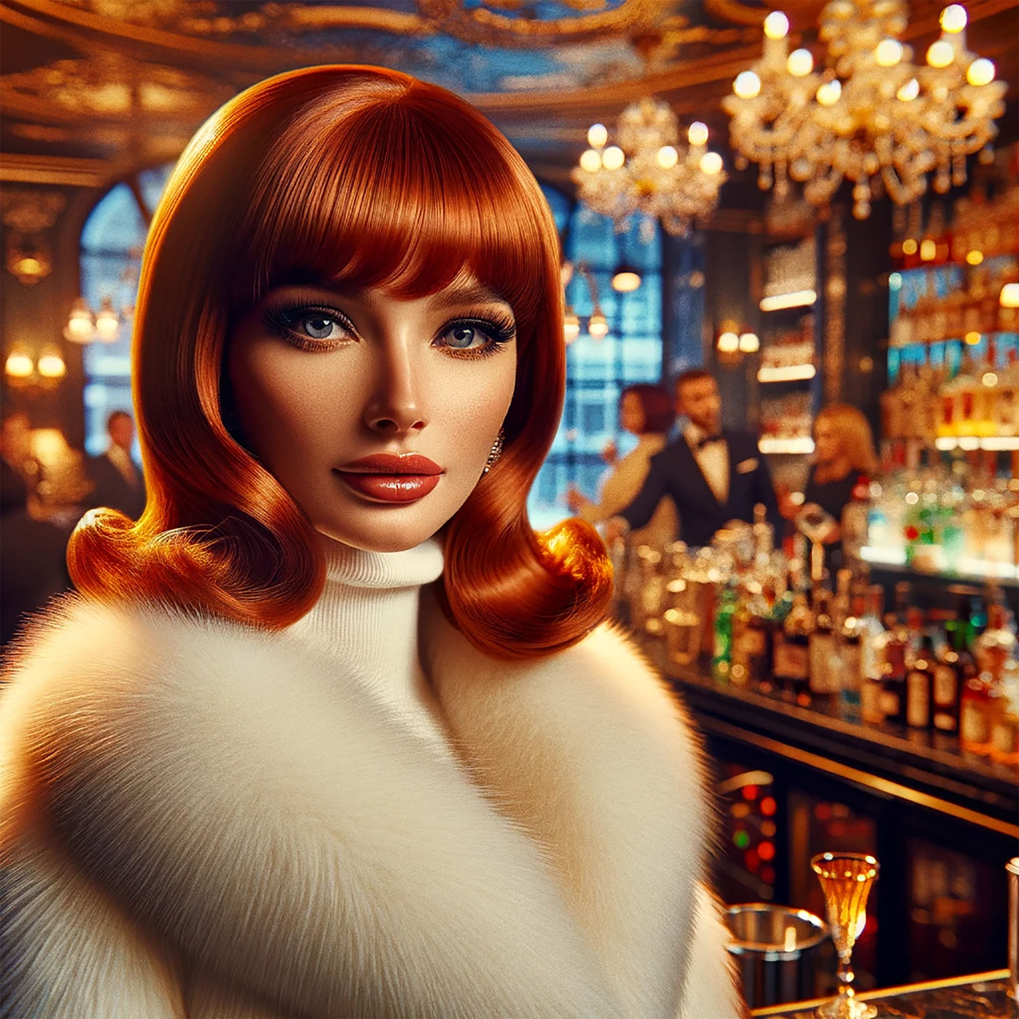 Woman with red 1960s hairstyle wearing white fur coat in bar setting.