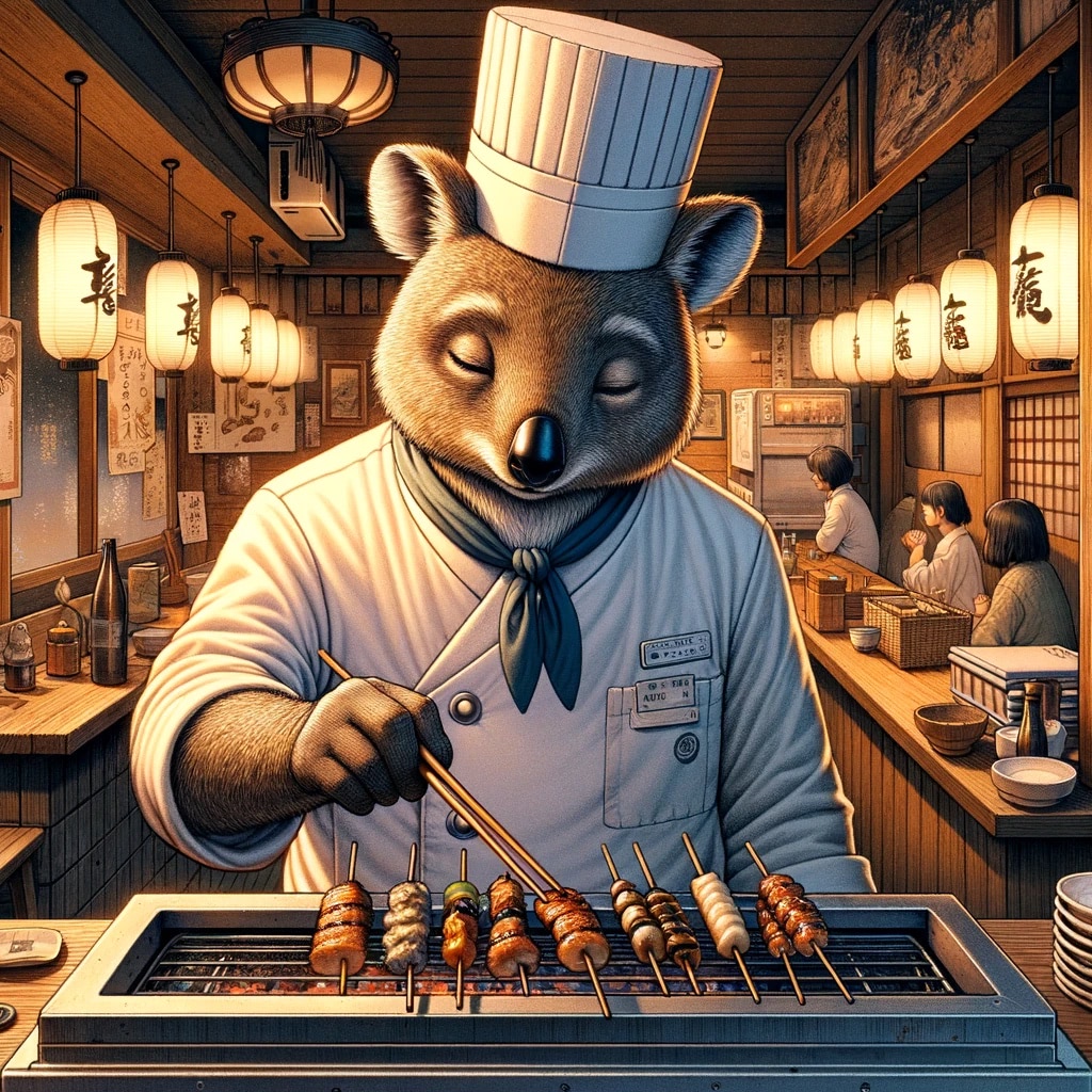 Quokka chef preparing yakitori skewers in a Japanese restaurant.
