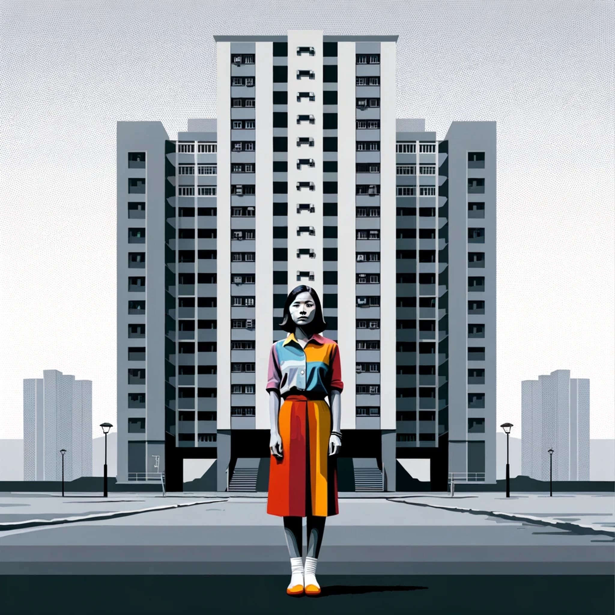 Young woman in colorful clothing standing before a large apartment building in Hong Kong.