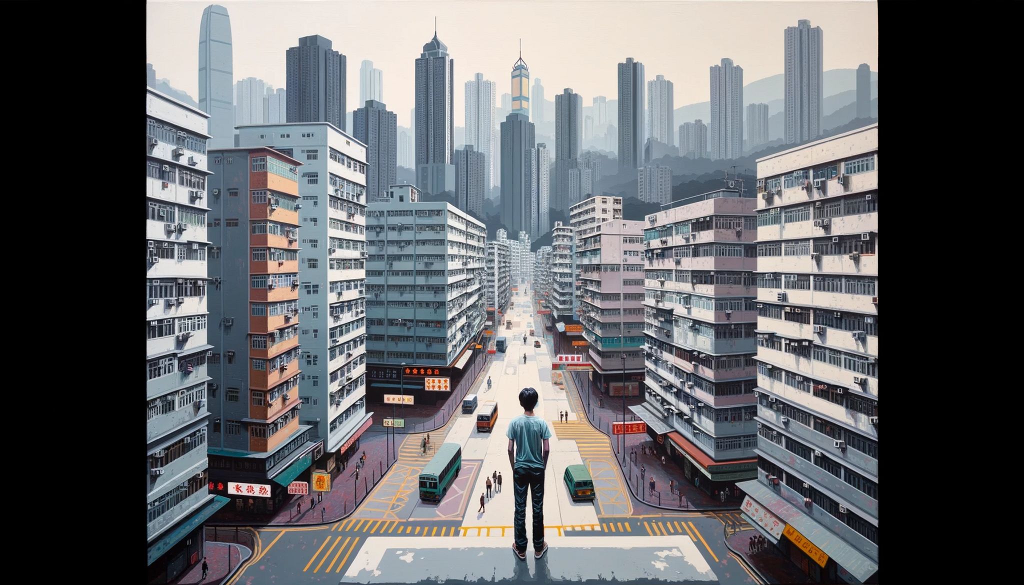 A person stands in the middle of a Hong Kong street, looking towards tall buildings and skyscrapers in the distance.