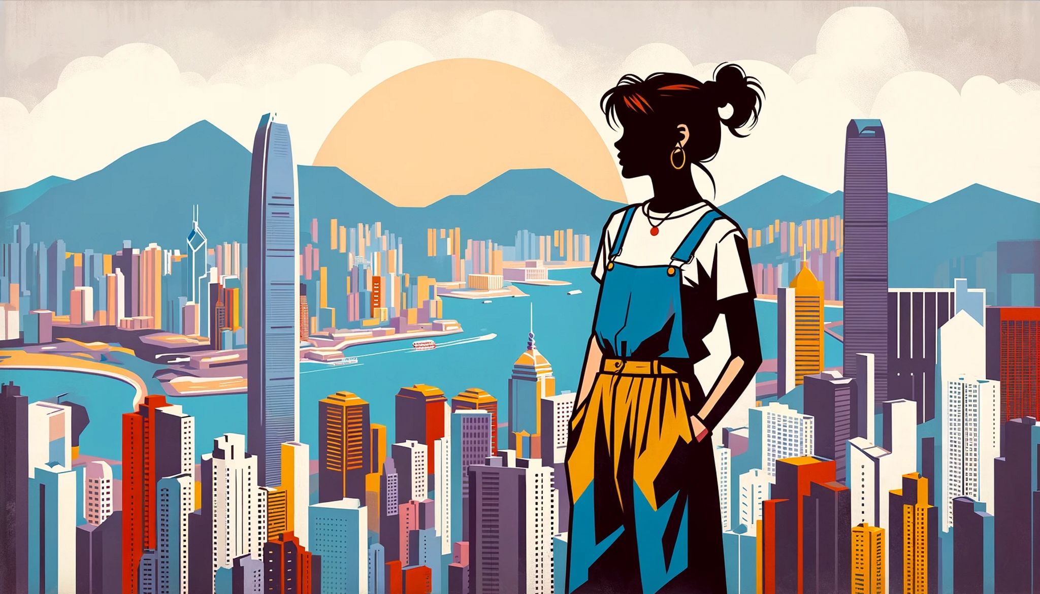 Silhouette of a young woman in overalls overlooking the Hong Kong skyline.