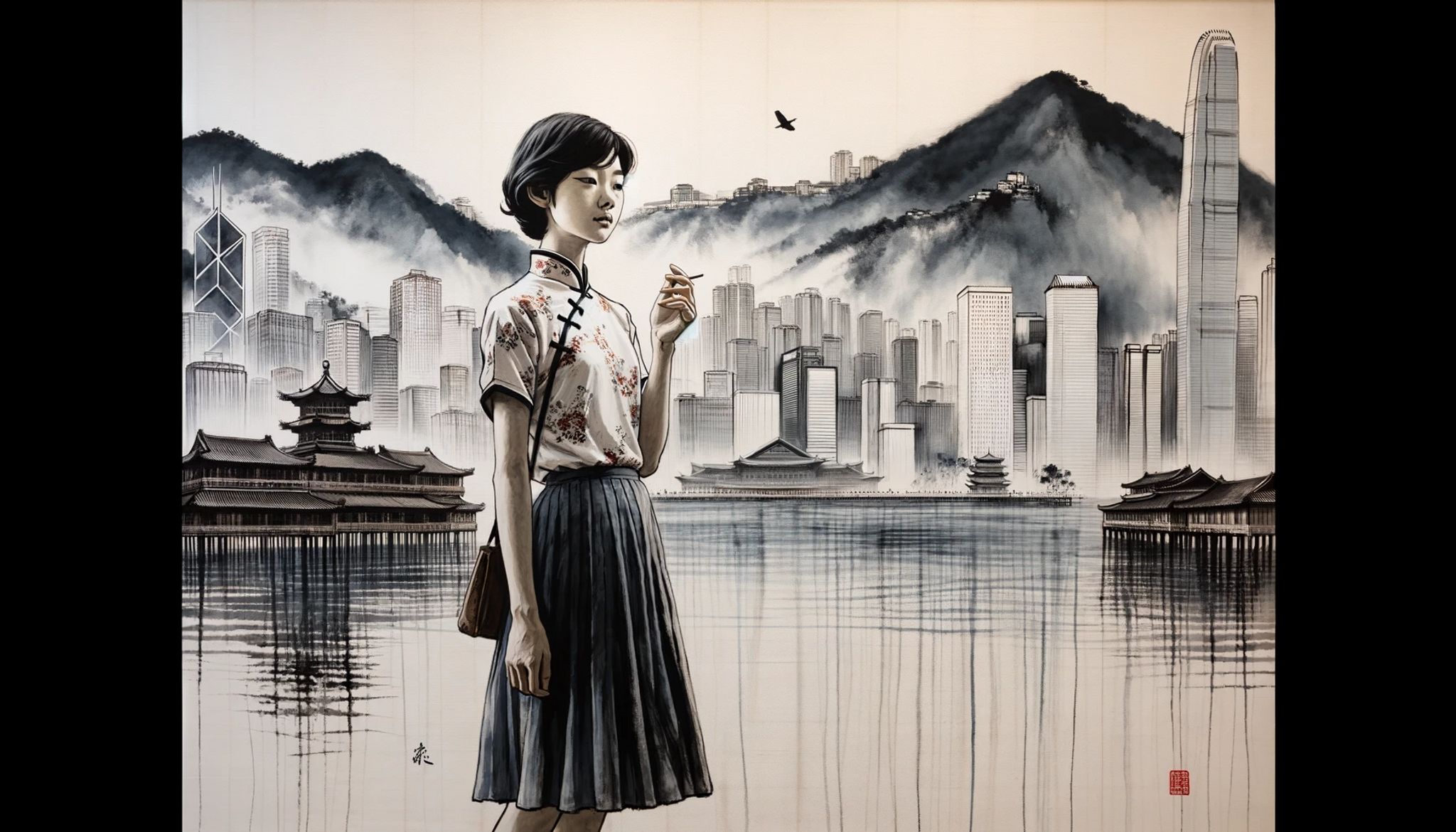 Painting of a young woman in a qipao dress holding a cigarette, overlooking a Hong Kong cityscape.