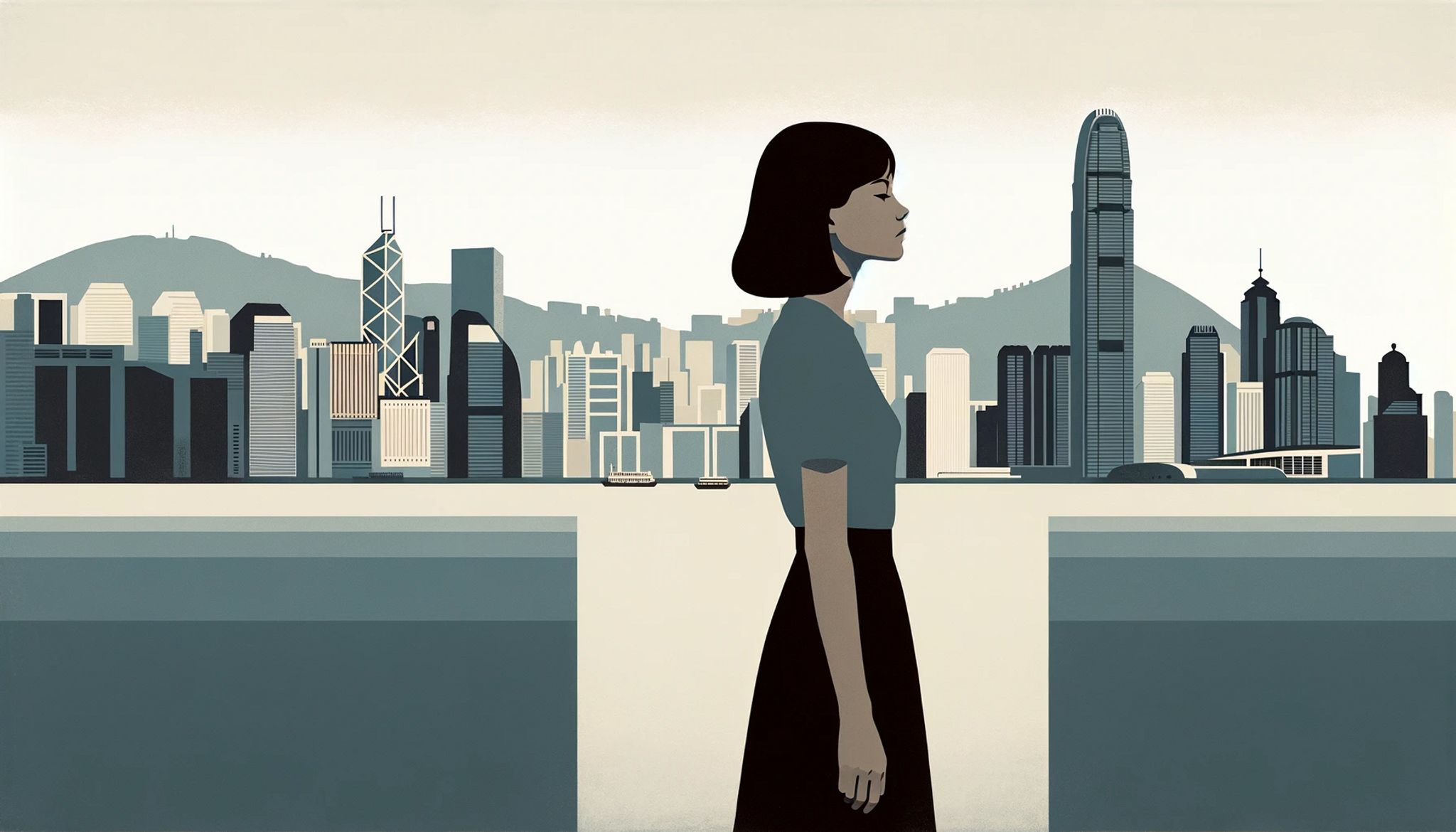 Woman standing in profile against Hong Kong skyline.