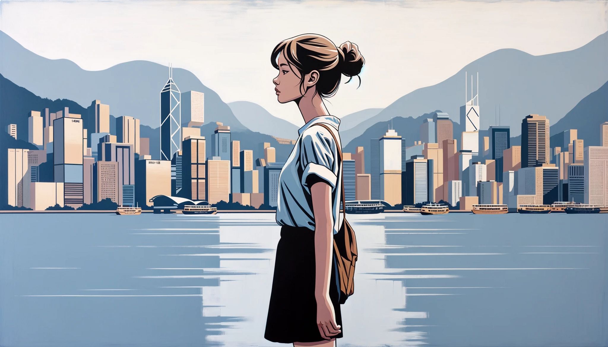 Illustration of a young woman facing away from the viewer, standing before the Hong Kong skyline.