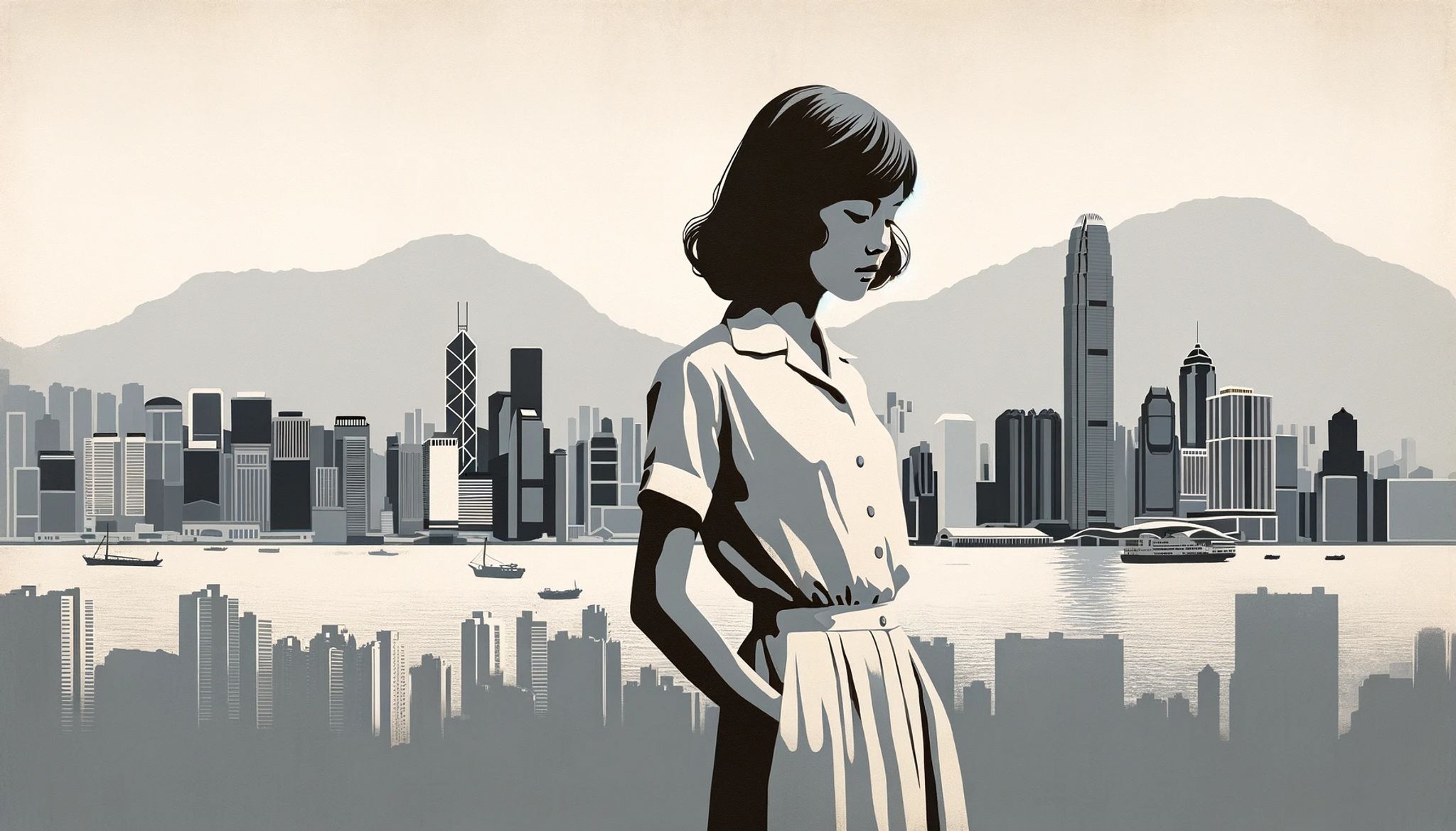 Woman in 1950s-style dress standing before Hong Kong skyline.