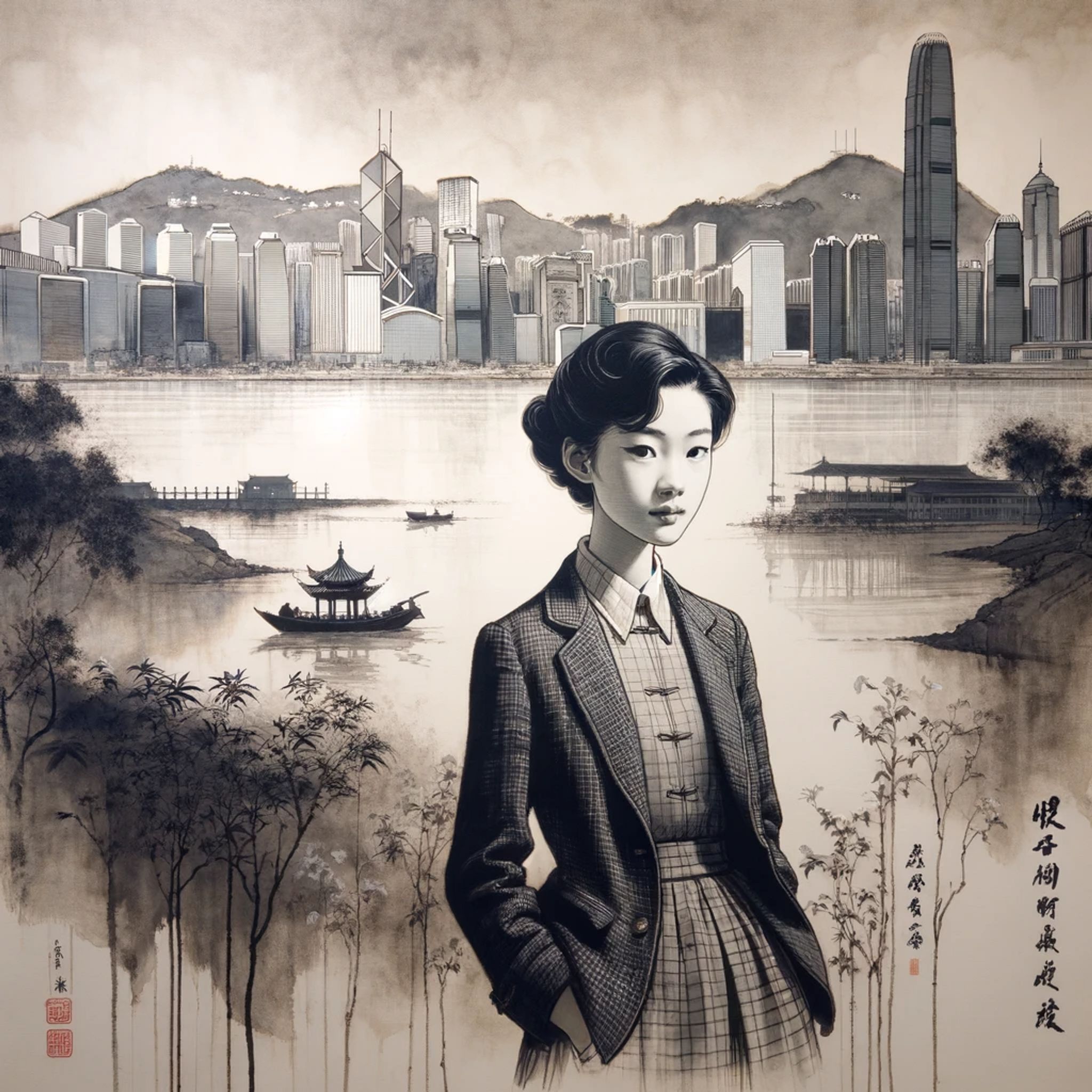 Painting of a young woman in a blazer, standing before a Hong Kong cityscape.