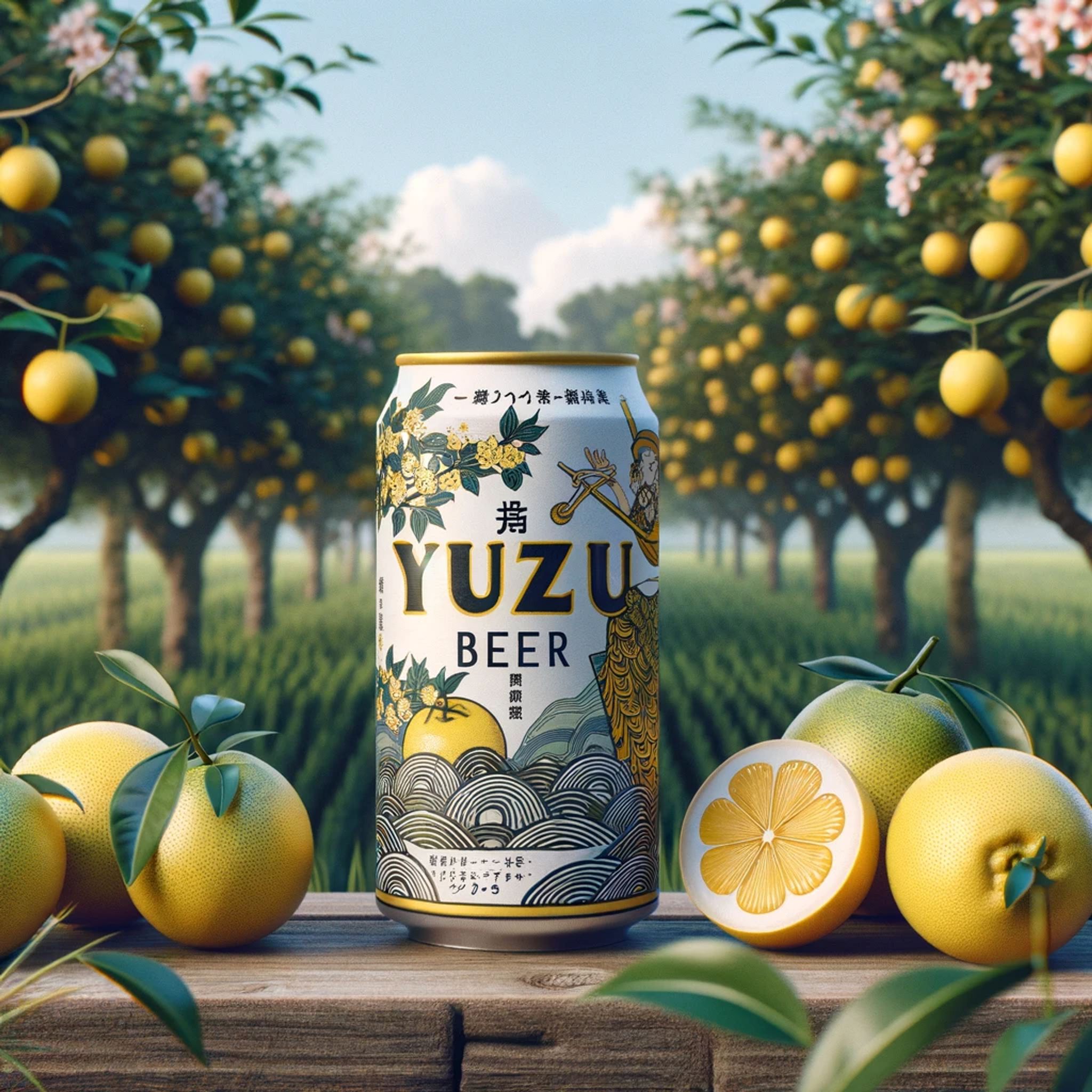 Yuzu beer can with yuzu fruits on a wooden surface.