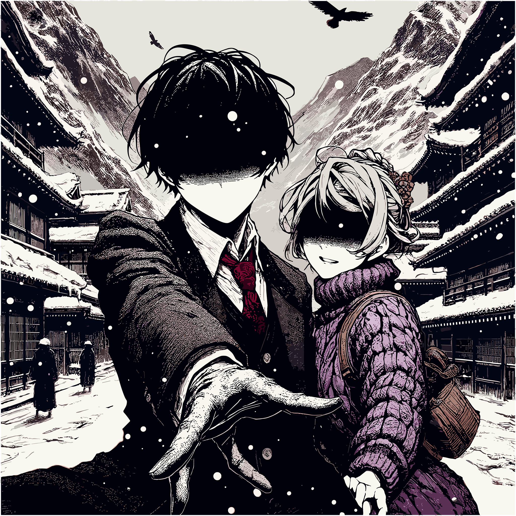 Faceless anime couple in snowy Japanese village; man's hand reaches out.