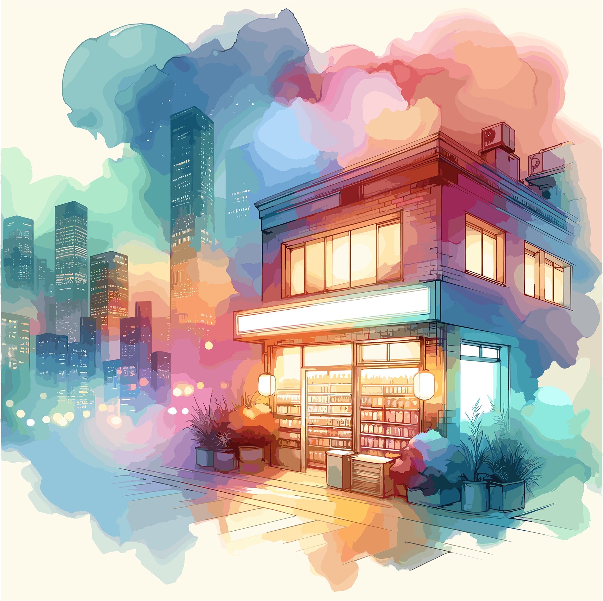 Watercolor painting of a small store in a Japanese city at night.