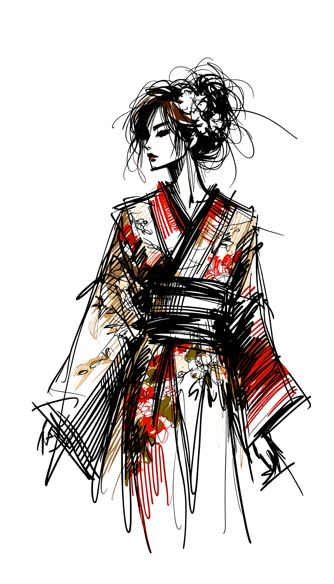 Fashion sketch of a woman in a kimono.