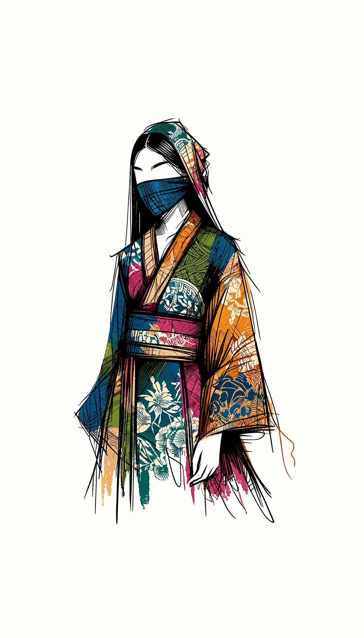 Sketch of a woman wearing a patterned kimono and face covering.